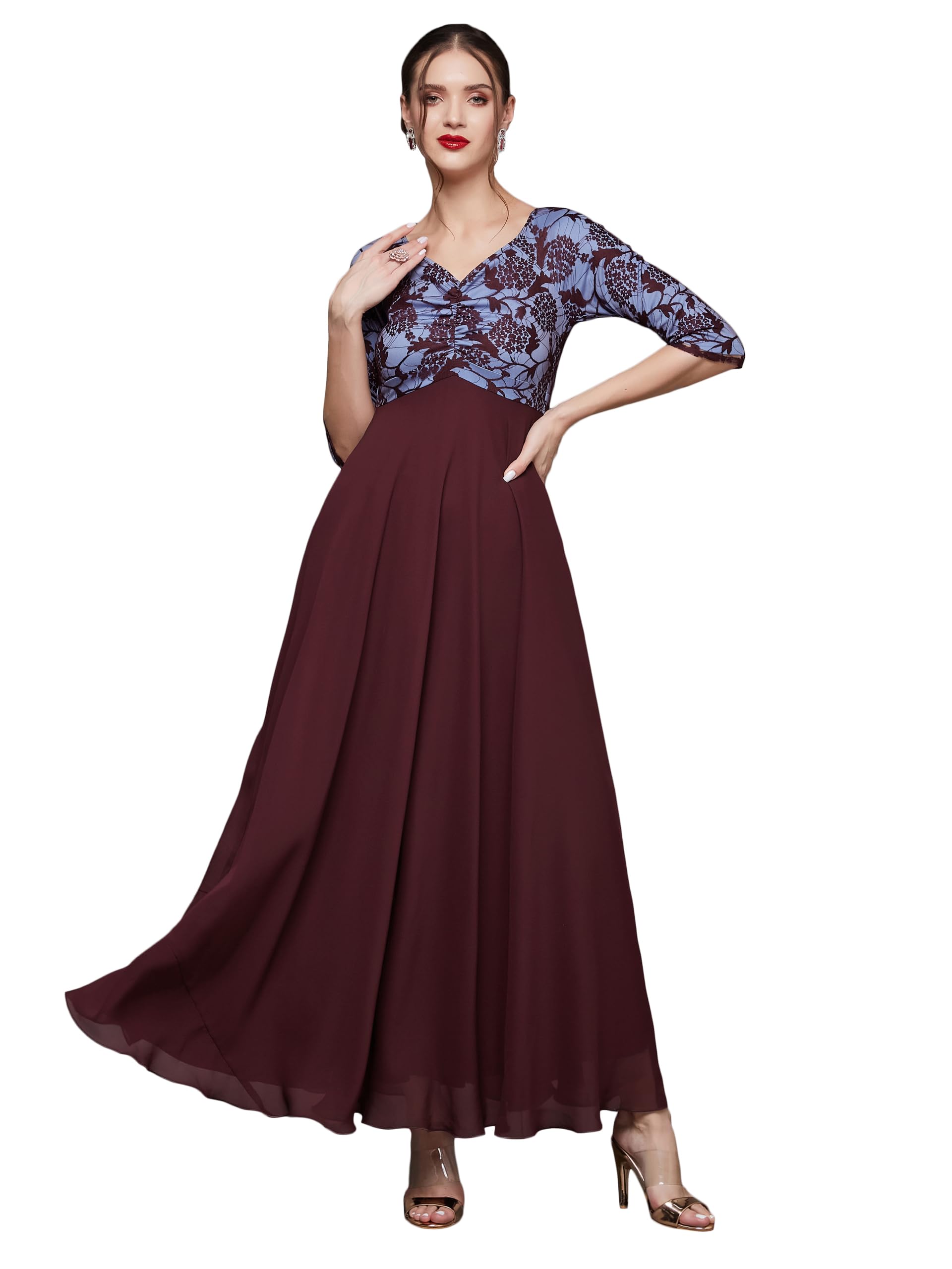 Miss Chase Women's Sweet Heart Neck 3/4 Sleeve Self Design Fit & Flare Maxi Dress With Pockets (Mcss23D79-06-184-03, Wine, S)