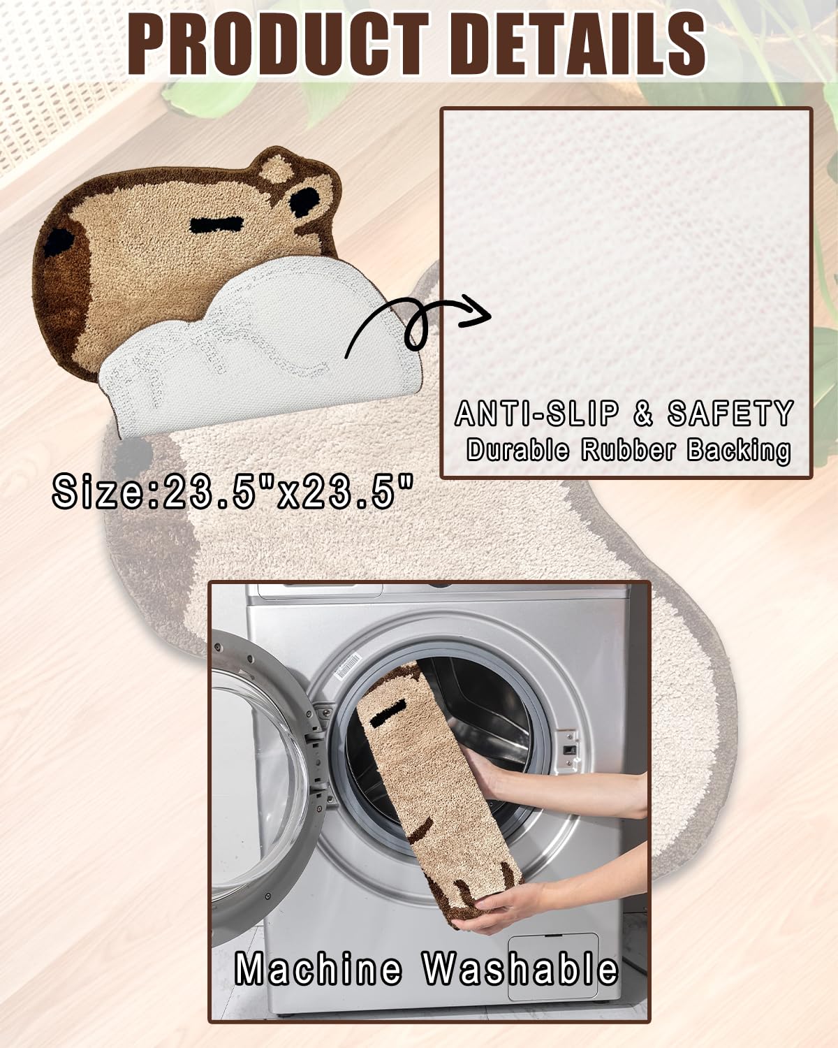 Cute Capybara Bathroom Rug – 23.5x23.5 Inch Soft Absorbent Mat For Shower, Tub, Or Sink – Funny Animal Non-Slip Bath Mat