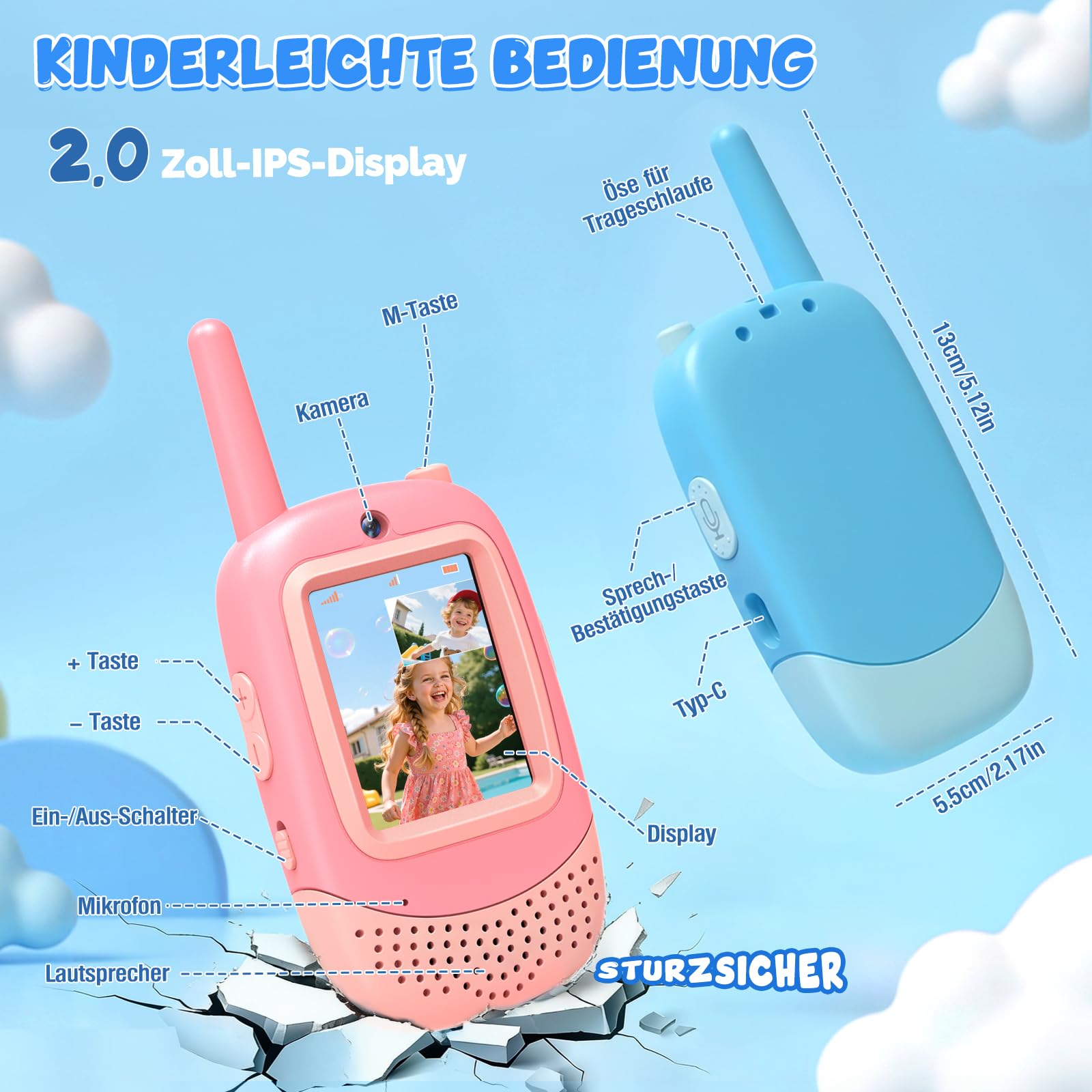 Video Walkie Talkie Kinder, Wiederaufladbares Funkgerät Spielzeug mit Kamera & Stimmenverzerrer, Outdoor Spielzeug Geschenke für Junge und Mädchen 3 4 5 6 7 8-12 Jahre (Blau & Pink)