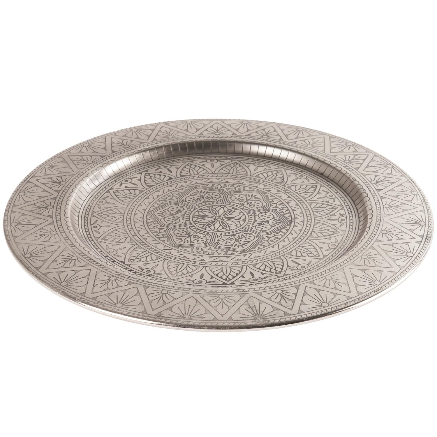 Marrakesch Orientalische Boho Deko Tablett Serviertablett aus Metall 35 cm | Kerzentablett Manar in Silber als Tischdeko für Küche & Wohnzimmer | Vintage (Silber)