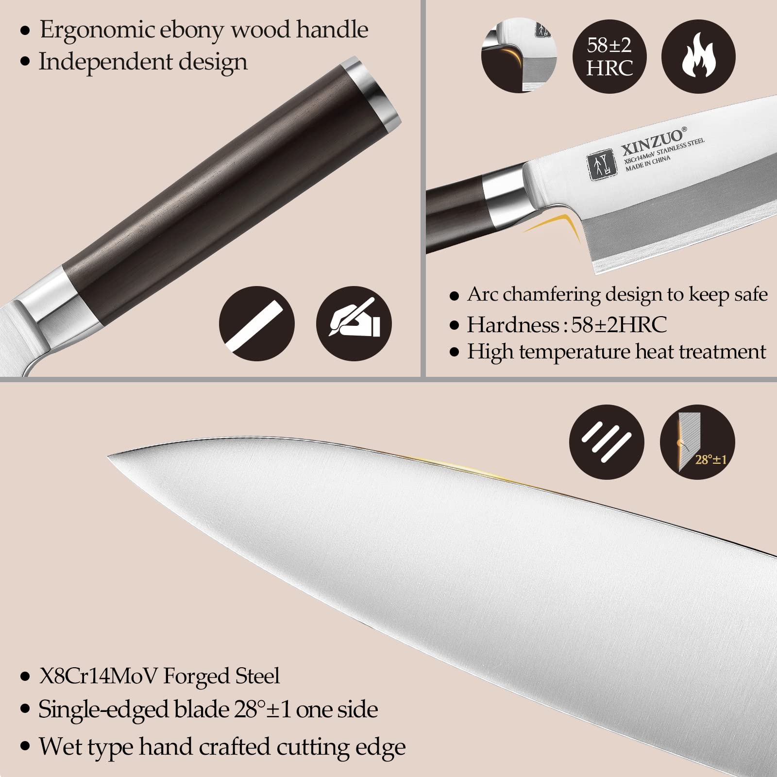 XINZUO 18cm Deba Messer Edelstahl X8Cr14MoV, Japanisches Sashimi Sushi Messer Einzelfase Klinge- Kochmesser Profi Fischmesser Ebenholzgriff -mit Scheide aus Birkenholz