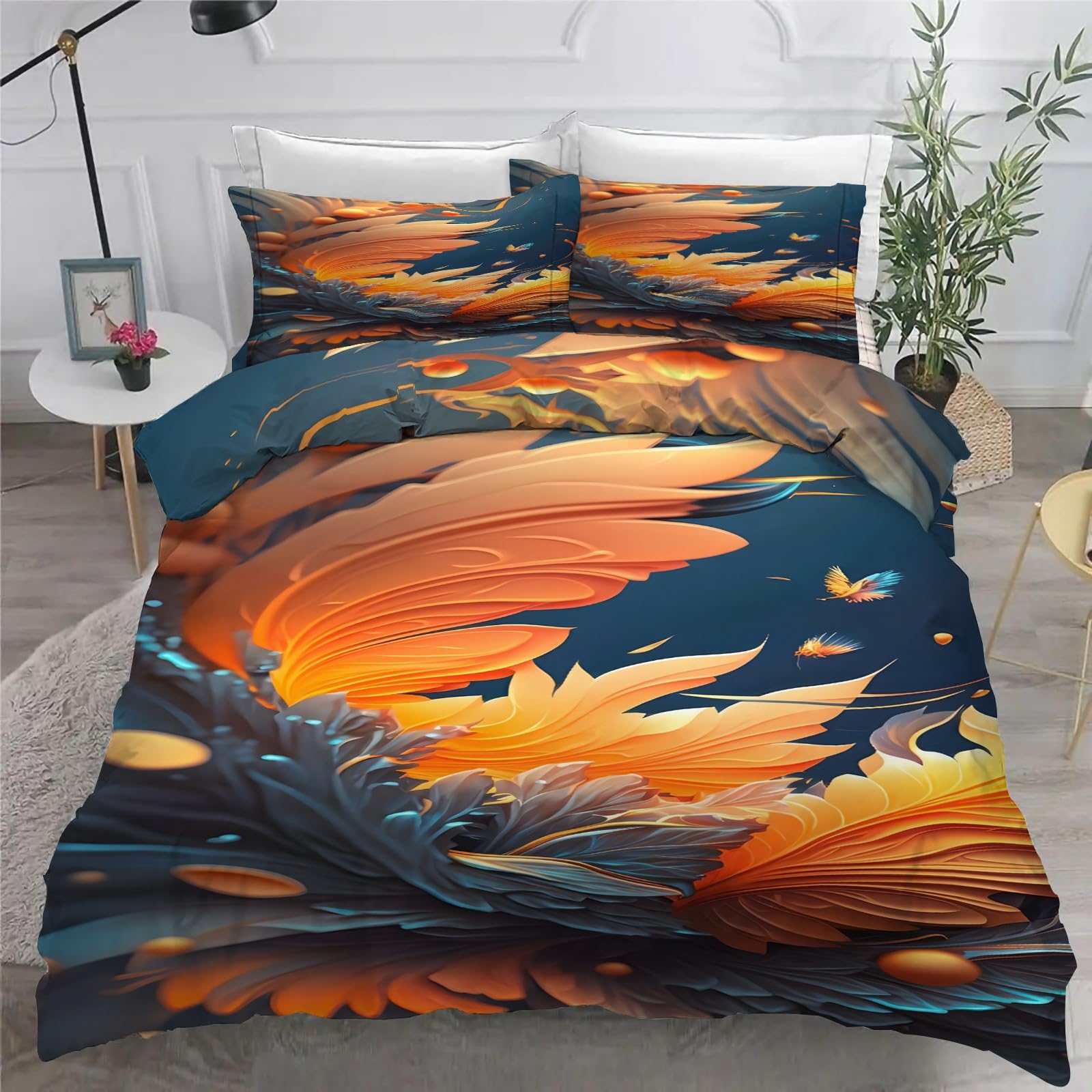 Generisch AN388 Pościel w kolorze pomarańczowych liści 155 x 220 cm, niebieskie liście, 3-częściowy zestaw pościeli z oddychającej i miękkiej mikrofibry, 2 poszewki na poduszki z zamkiem błyskawicznym