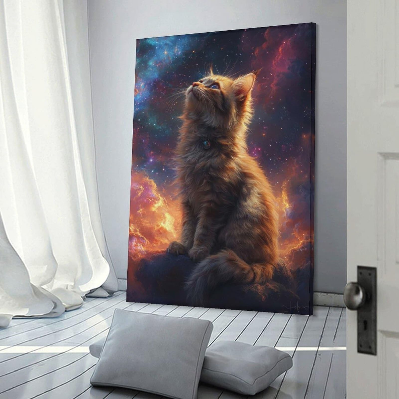 Junmoney Frame-Style-7 Cat Gazing At Stars Decorative Canvas Print, 24X36inch(60X90cm), For Home, Office, Studio Or Guest Room, Versatile Wall Decor For Many Rooms