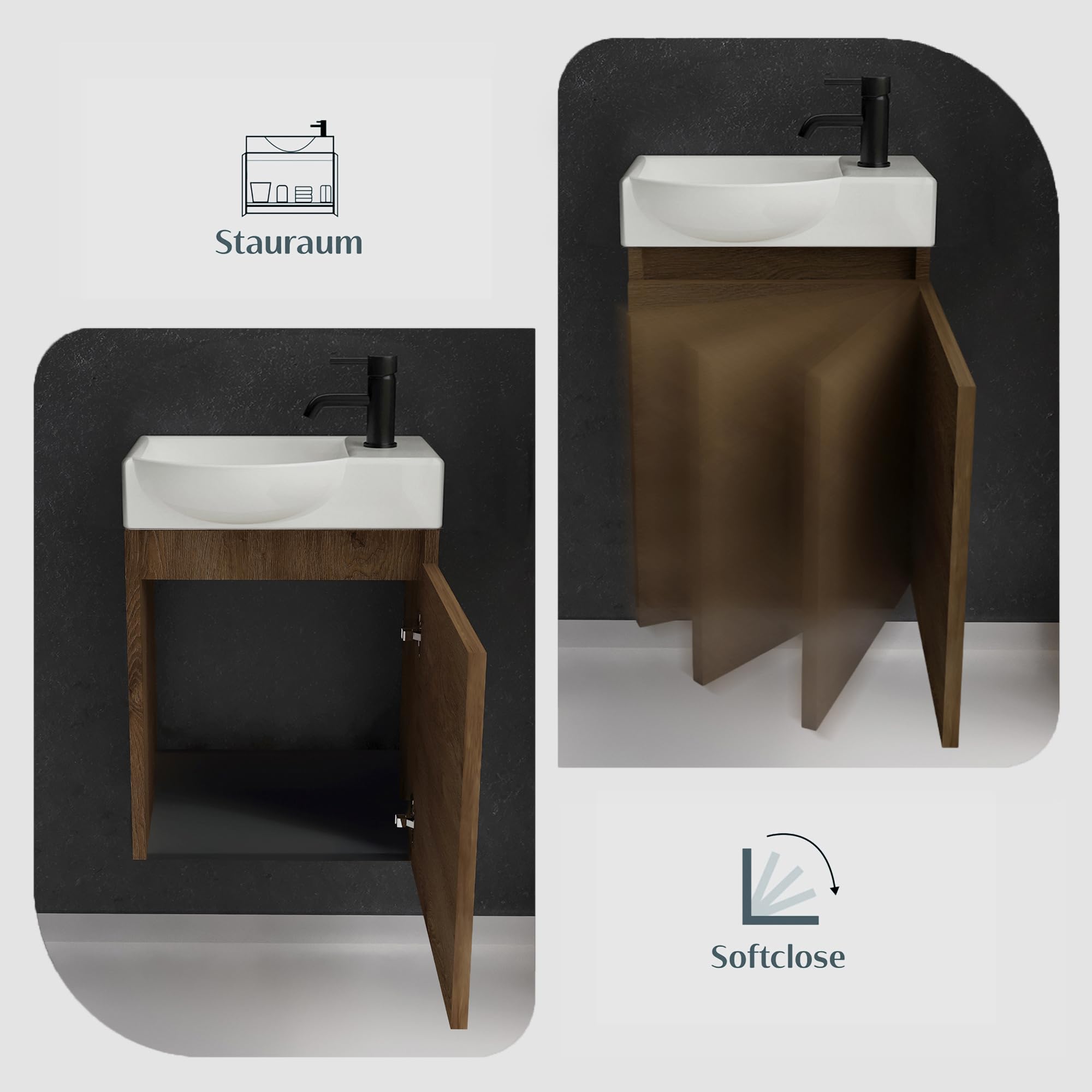 Alpenberger Gäste WC Waschbecken mit Unterschrank | Kleines Badmöbel 45 cm Breit | Waschtisch mit Waschbeckenunterschrank (Eiche, Waschbecken - Linke Seite)