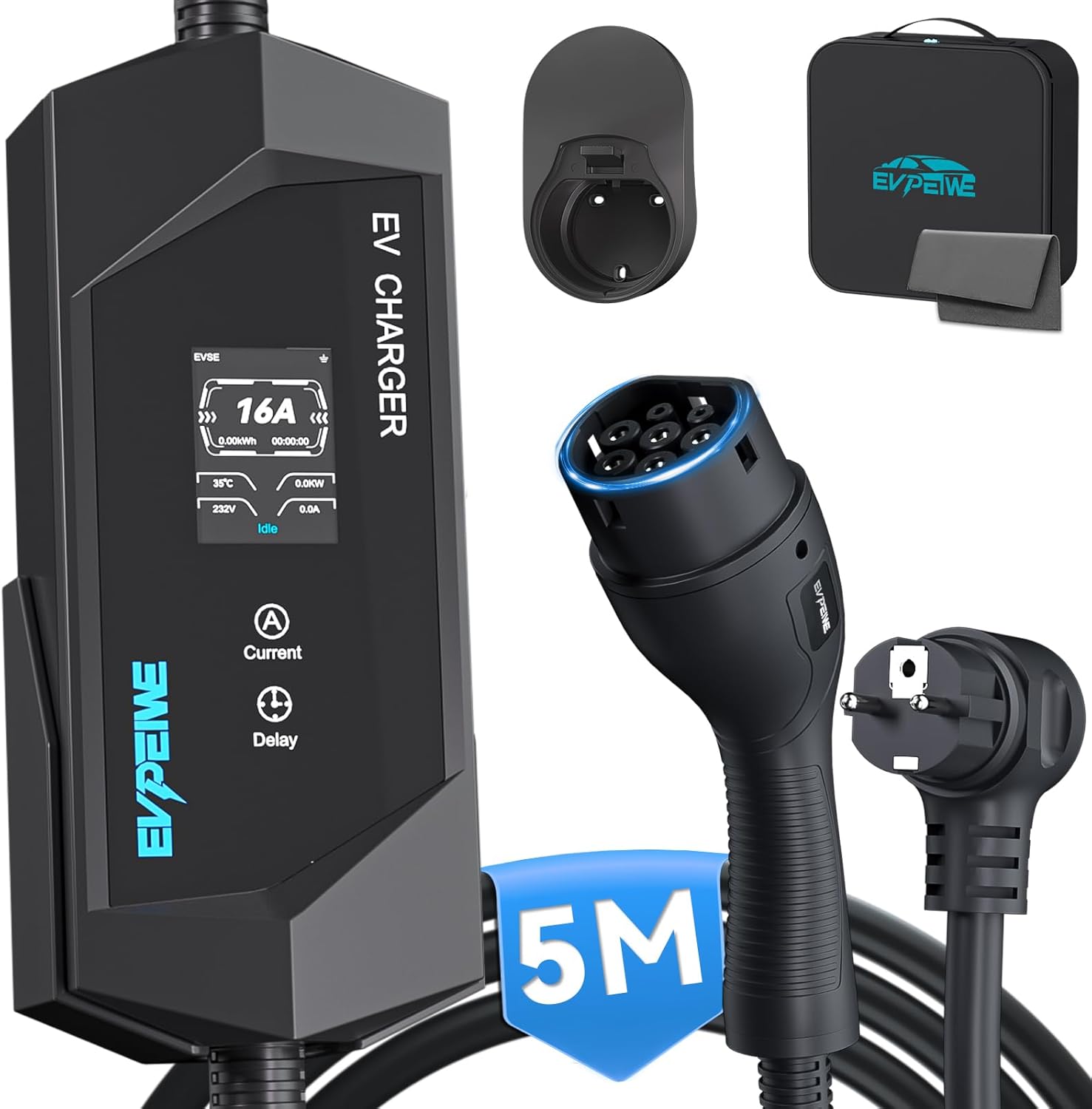 EVPEIWE EV Charger Cable de Carga Tipo 2 Schuko (3,68 kW, Corriente Ajustable 6-16A, 5M) Cargador de Coche eléctrico portátil para vehículo eléctrico IEC 62196-2, IP65 EV Estación de Carga con Bolsa
