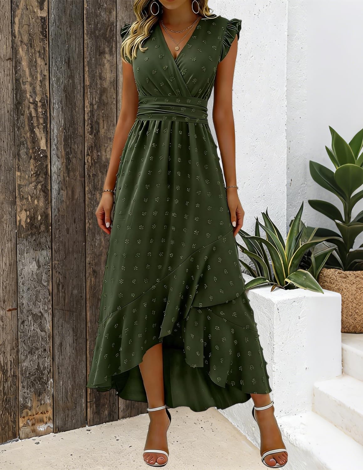 Sommerkleid Damen Boho Kleid Lang 2026 Kleid Damen V-Ausschnitt Hohe Taille Rüschen Schlitz Für Strand Hochzeit Cocktail Party