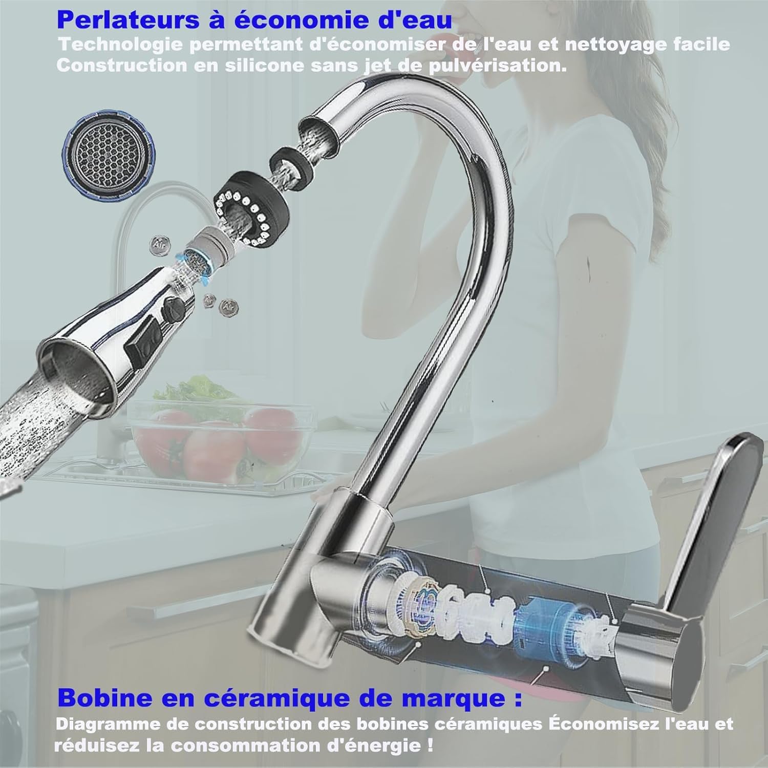 robinet de cuisine amovible, robinet de cuisine pivotant à 360°, mitigeur de cuisine en acier inoxydable à 3 modes, robinet haute pression pour évier de cuisine (chrome - grande tête)
