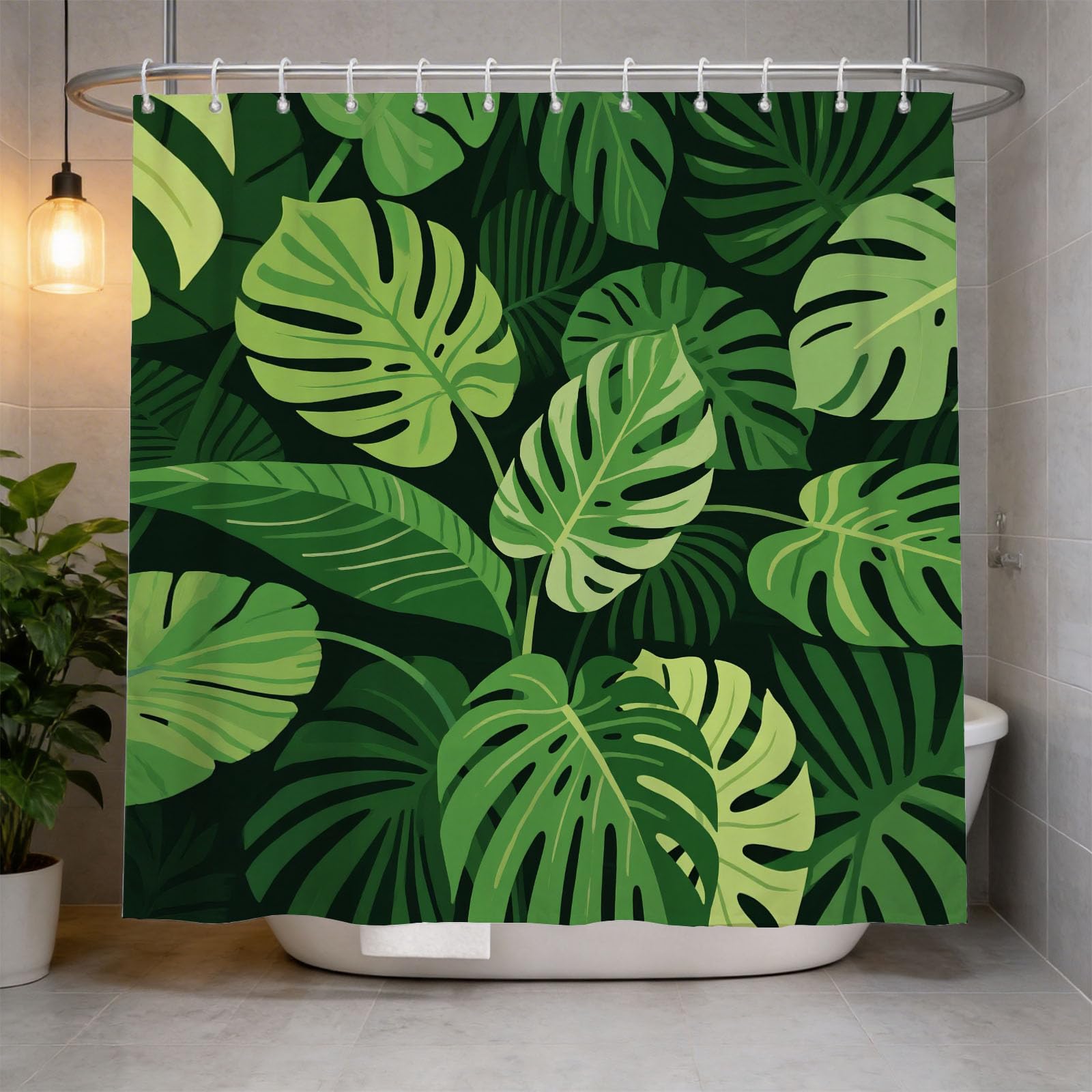 Hongduo White 3D Monstera Shower Curtain For Stalls Bathtubs Botanical Bathroom Decor Shower Curtain Set Polyester Fabric Waterproof 180X200cm/71X79 Inch With Hooks