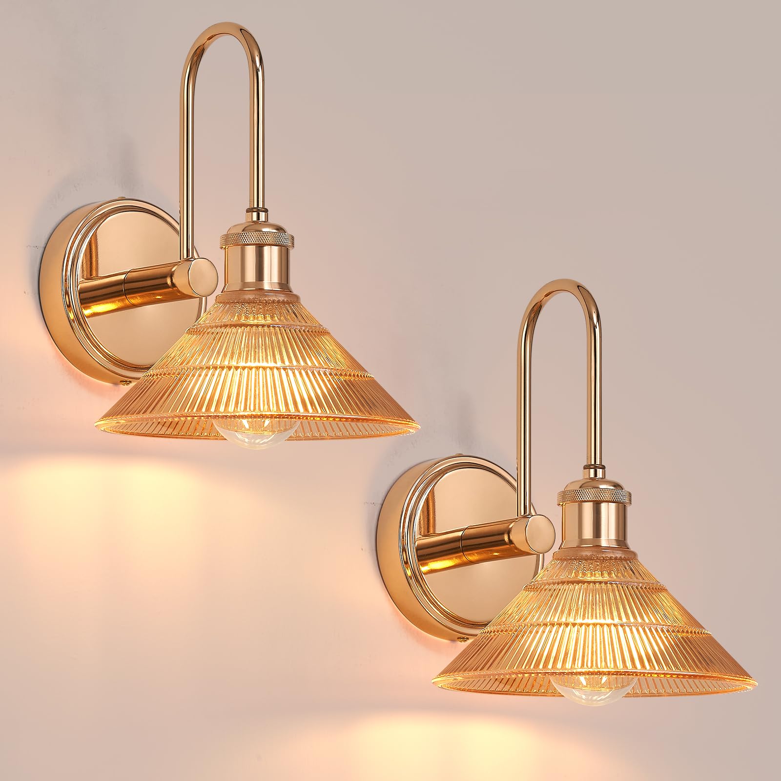 Vikdio Wall Sconce Set of 2, Gold Vintage Light Fixtures with Round Amber Glass Lampshade, Hardwired Sconces Wall Lighting for Bedroom, Bathroom, Living Room | Includes 2 LED Bulbs