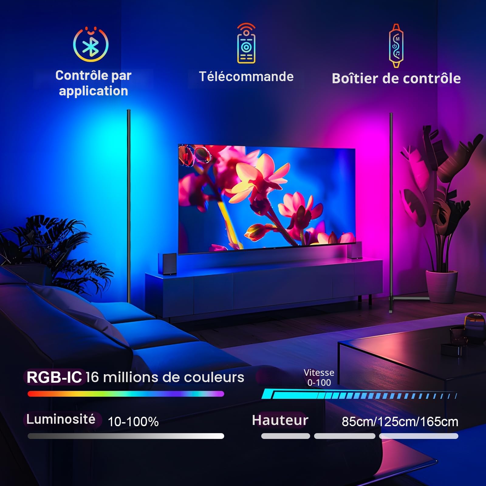 Lampadaire LED d'Angle 165CM RGB Lampe sur Pied avec Adaptat et APP, Musique Sync et Minuteur 16 Millions Couleurs Lampe pour le Salon Chambre et la Décoration de Fête
