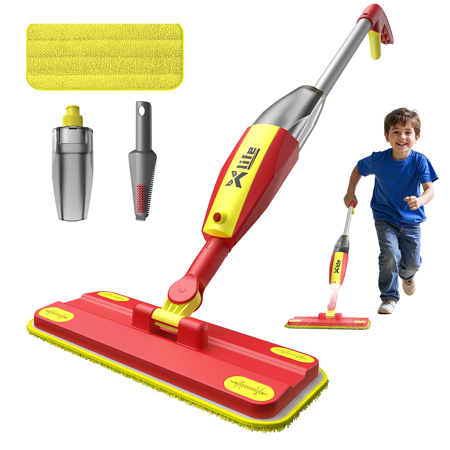 Juego de trapeador con atomizador para niños, juguete Montessori para edades de 4 a 8 años, combo de rociador de agua real y barredora, kit de limpieza de juego de simulación, almohadillas