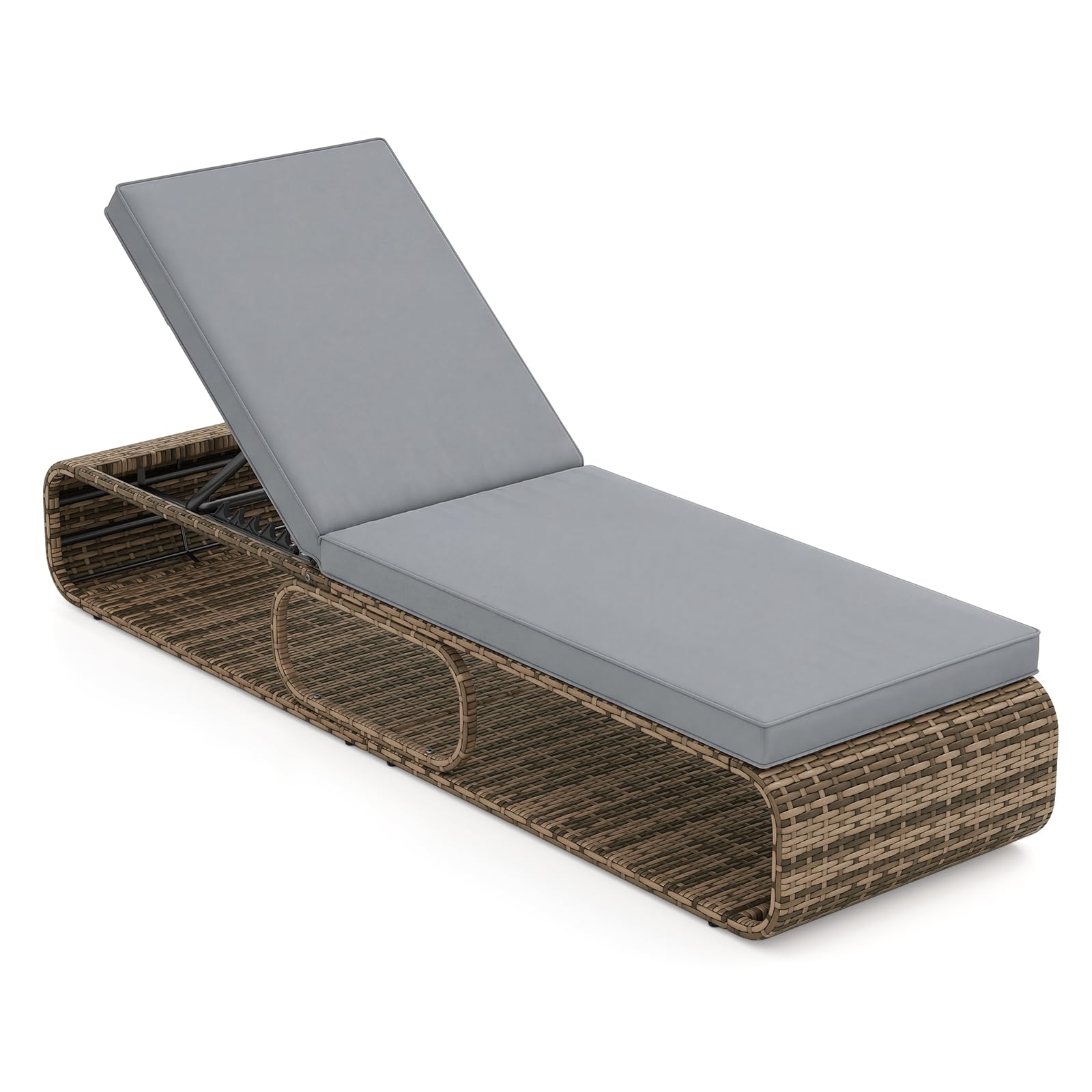 COSTWAY Sedia a Sdraio Imbottita in Rattan PE, Lettino Prendisole con Cuscino Morbido, Spazio di Stoccaggio e Schienale Regolabile a 7 Posizioni, Portata 180 kg, per Piscina e Giardino (1, Grigio)