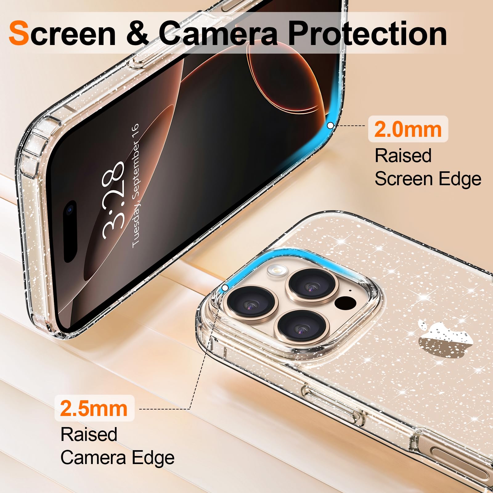 Hython Custodia Per IPhone 16 Pro Trasparente Glitterata Con Bordo Metallico – Magnetica MagSafe, Protezione Fotocamera, Antiurto