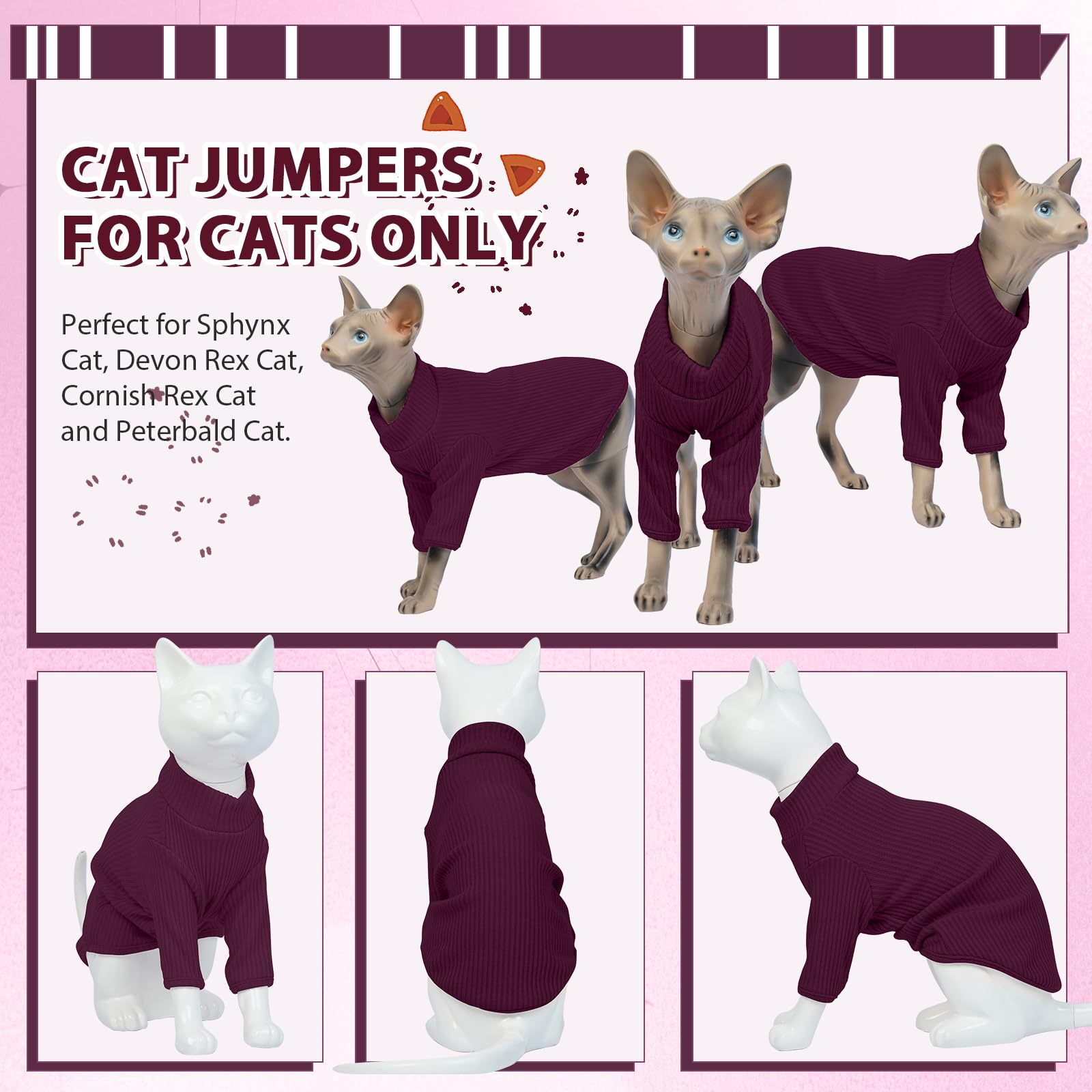 Hairless Cat Sweater，Sphynx Cat Clothes，Kitten Clothes，Breathable Sweaters Cats, Kitten Pullover w/ Sleeves, Cat Jumpers Cats Only，Cat Clothes Sphynx，Cornish Rex，Devon Rex -L，PurpleRed — view 3