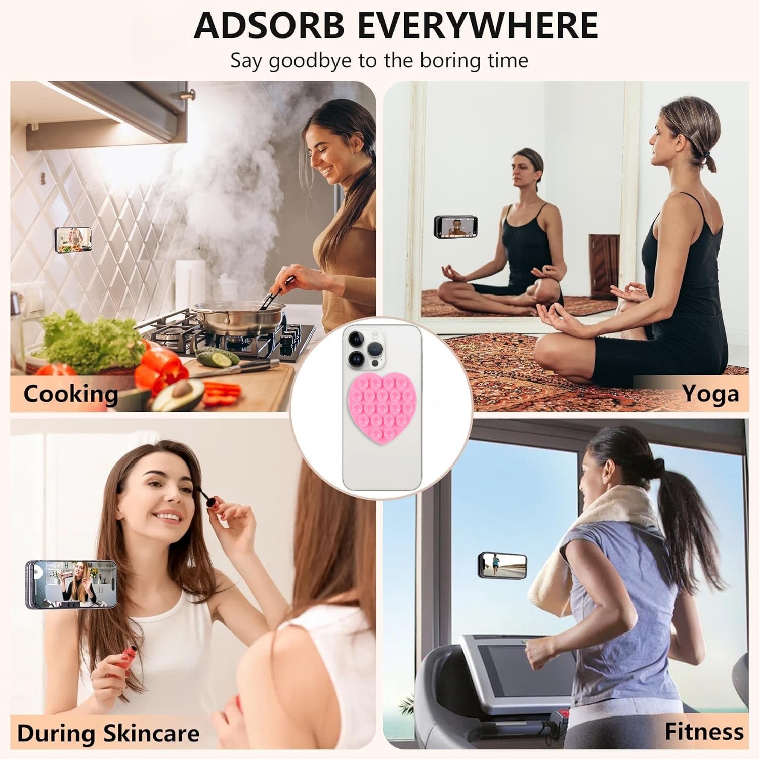 Soporte de teléfono con ventosa, accesorios para teléfono, soporte de agarre fuerte manos libres para selfies y videos, soporte de teléfono de ducha con espejo de agarre adhesivo (forma de amor,
