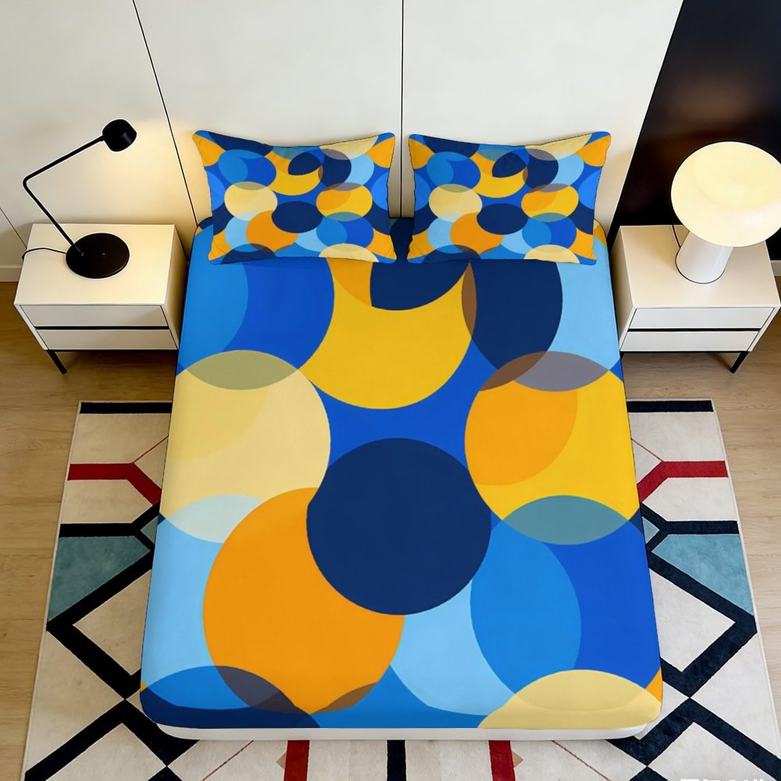 3D Printed Abstract Circles Fitted Sheet Microfiber Soft Breathable Geometric Bed Cover for Bedroom Dormitory Guest Room Mattress Protection Decor 200x200x25cm