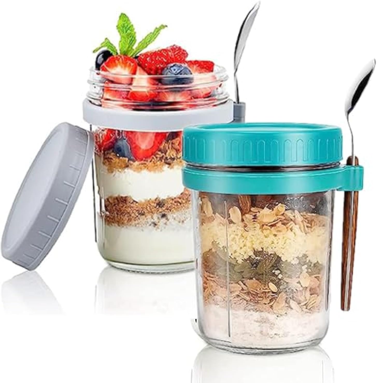 Overnight Oats Jars：Airtight Oatmeal Container with Lid and Spoon – Glass Mason Jars with Measurement Marks – Premium Yogurt Oatmeal Glass for Milk, Fruit, Salad, Cereal (2 Pieces, 350ml)