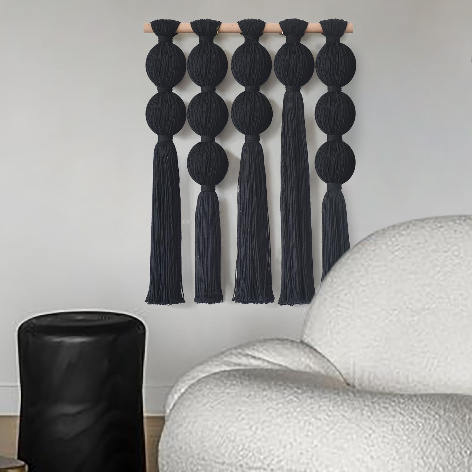 Jakalin Makramee-Wandbehang, schwarze Boho-Wandkunst mit Quasten, moderne Faserwandkunst für Wohnzimmer, Schlafzimmer, Büro