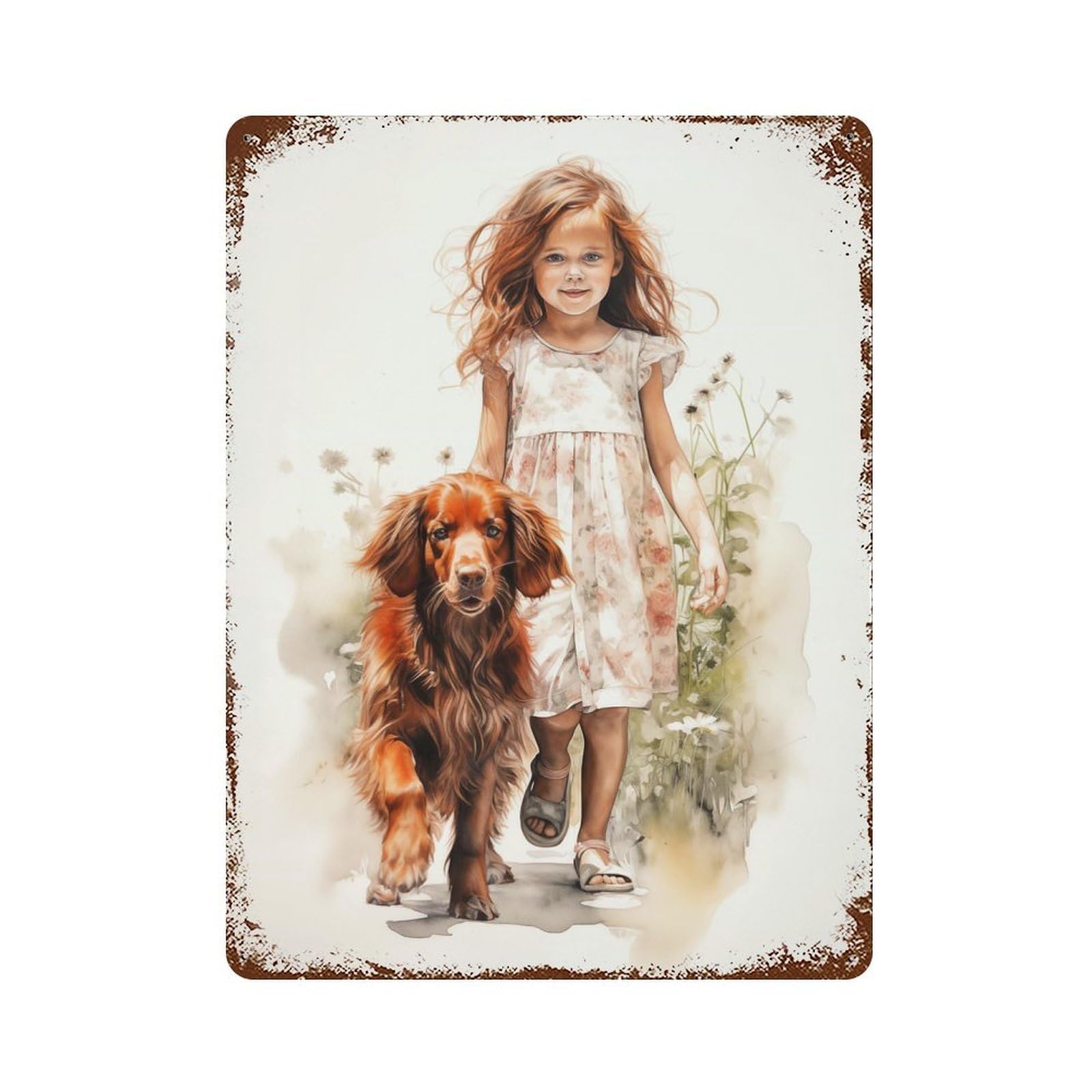 Girl And Irish Setter 15.7"x11.8" Weathered Tin Sign, Decorative Metal Wall Art for Cafe, Home Bar And Lounge Decor