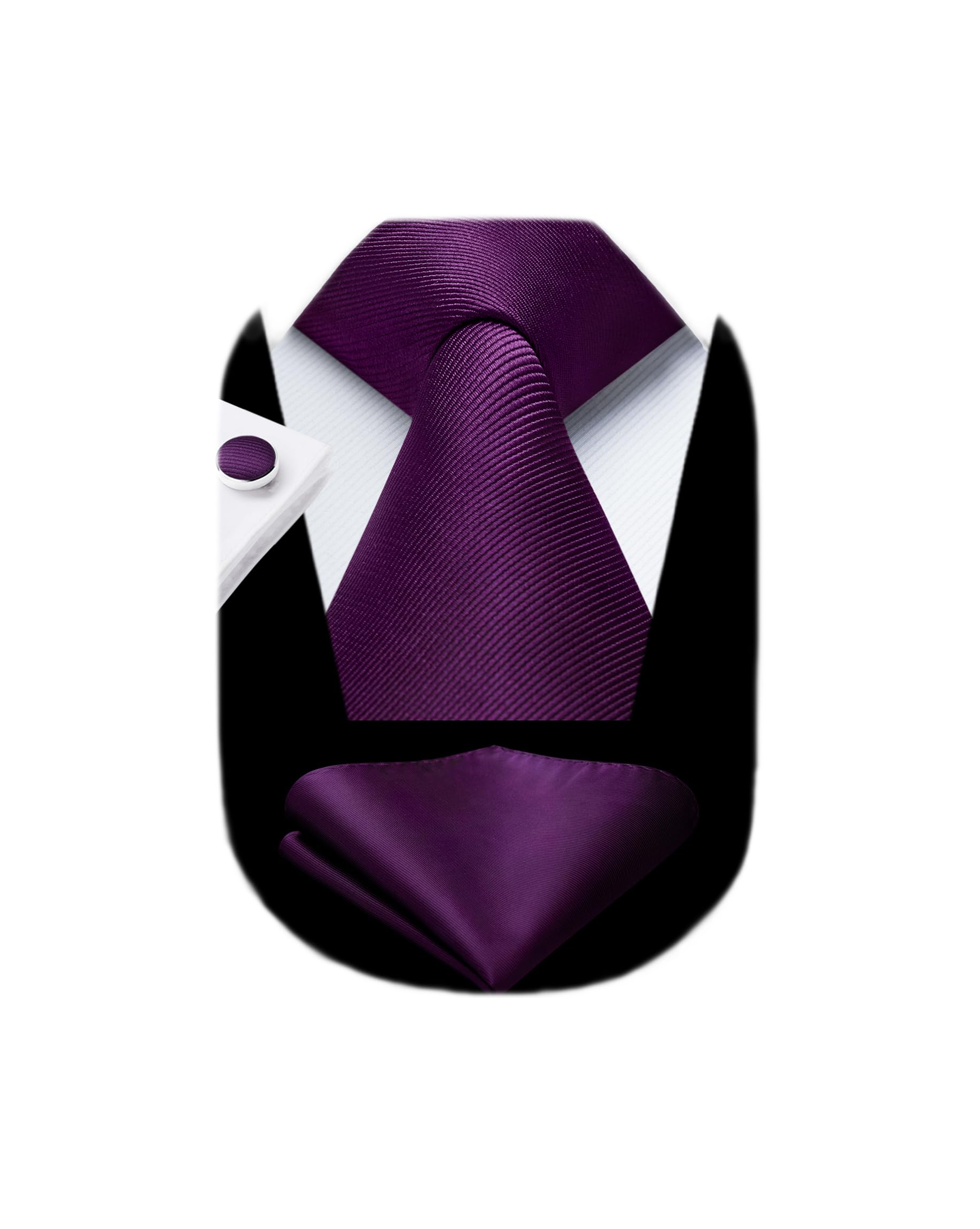 HISDERN Mens Solid Ties Formal Business Woven Tie and Pocket Square Cufflinks Set Classic Silk Satin Necktie Wedding