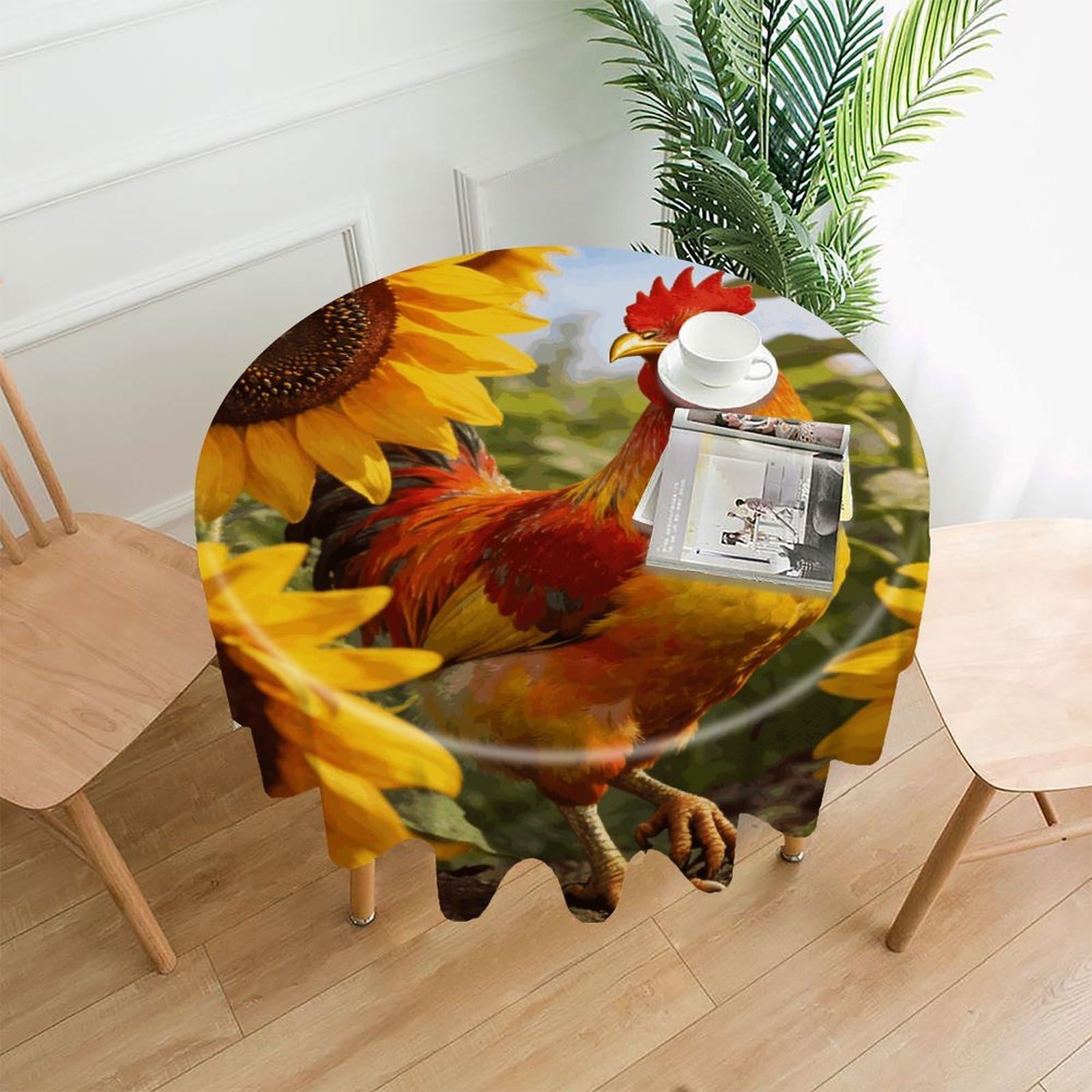 LDGSUPH Rooster Sunflowers Round Tablecloth Cover Washable Luxurious Fabric Table Cover Decor Wrinkle Free Fashion Round Table Cloth for Home Dining Kitchen Party 60 in
