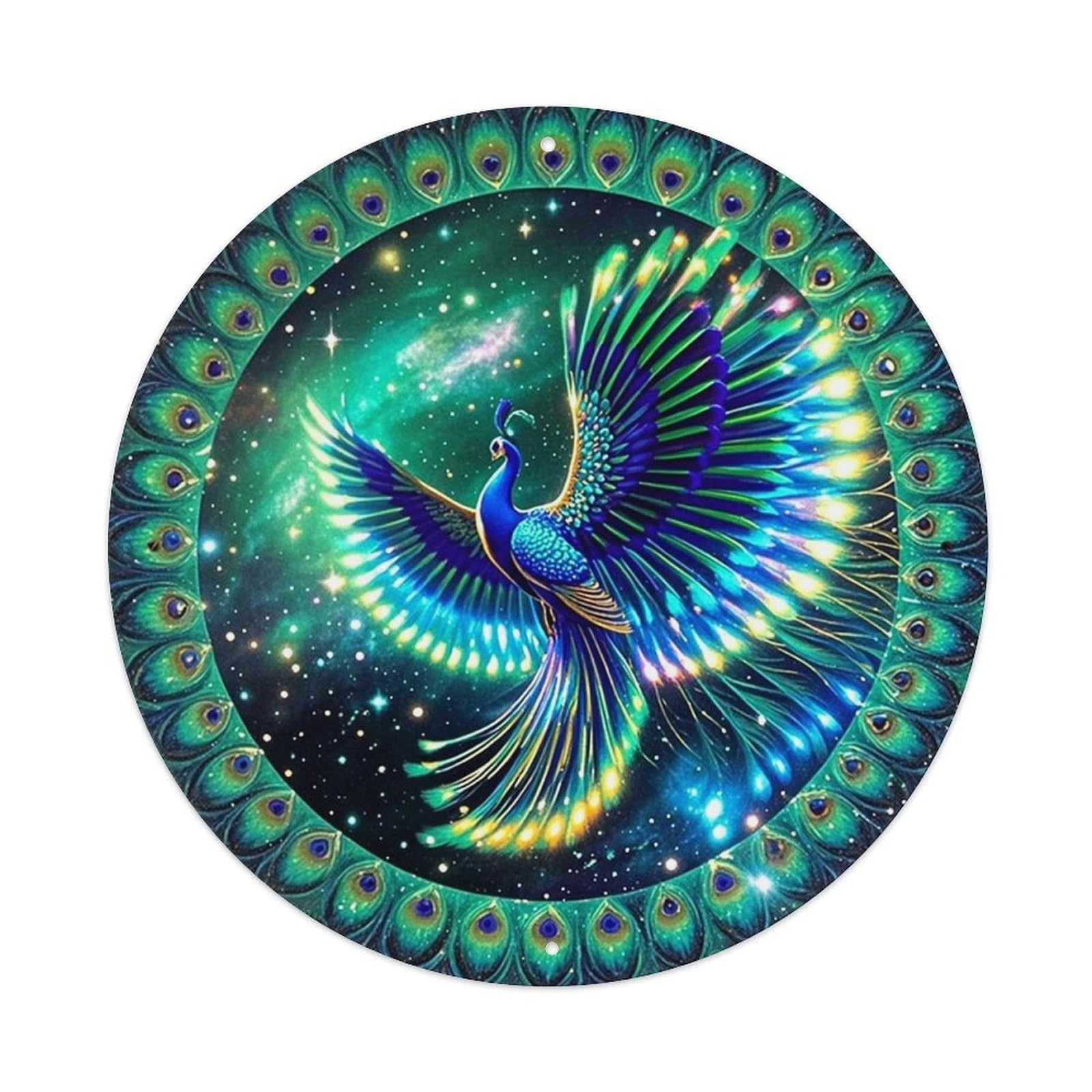 Cosmic Peacock Feather Mandala Art Vintage Metal Tin Sign Retro Wall Decor for Home Bar Garage Cafe, Indoor & Outdoor Decorative，circle Metal Poster, 8x8 Inch