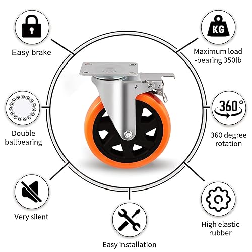Miniatura 9 de Ruedas giratorias de 5 pulgadas con placa giratoria de fácil desbloqueo con tornillo, doble bloqueo y espuma de poliuretano, ruedas sin ruido,