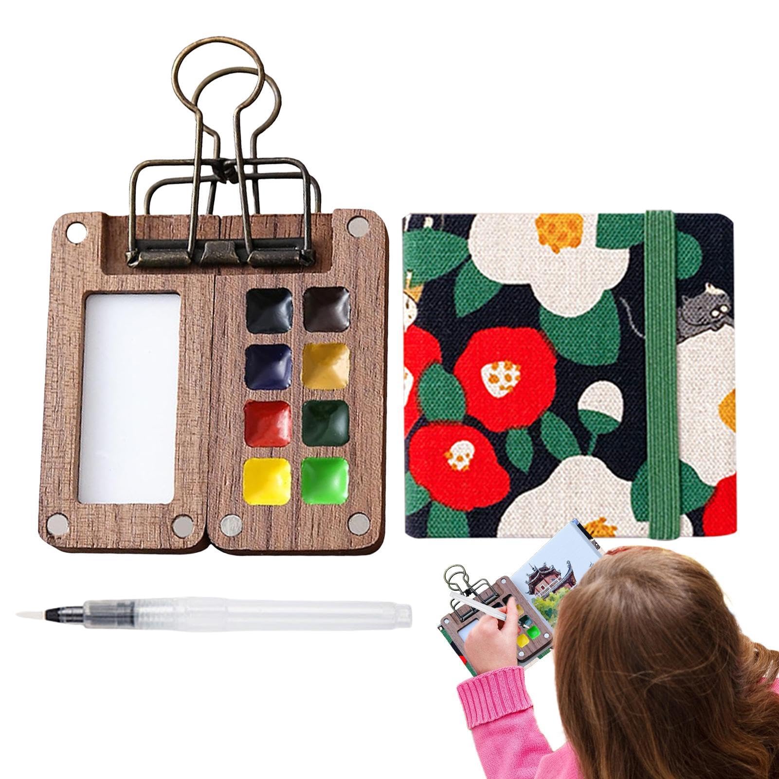Mini Kit Aquarelle De Voyage - Bloc 20 Pages, 2 Pinceaux, Livre De Coloriage De Poche