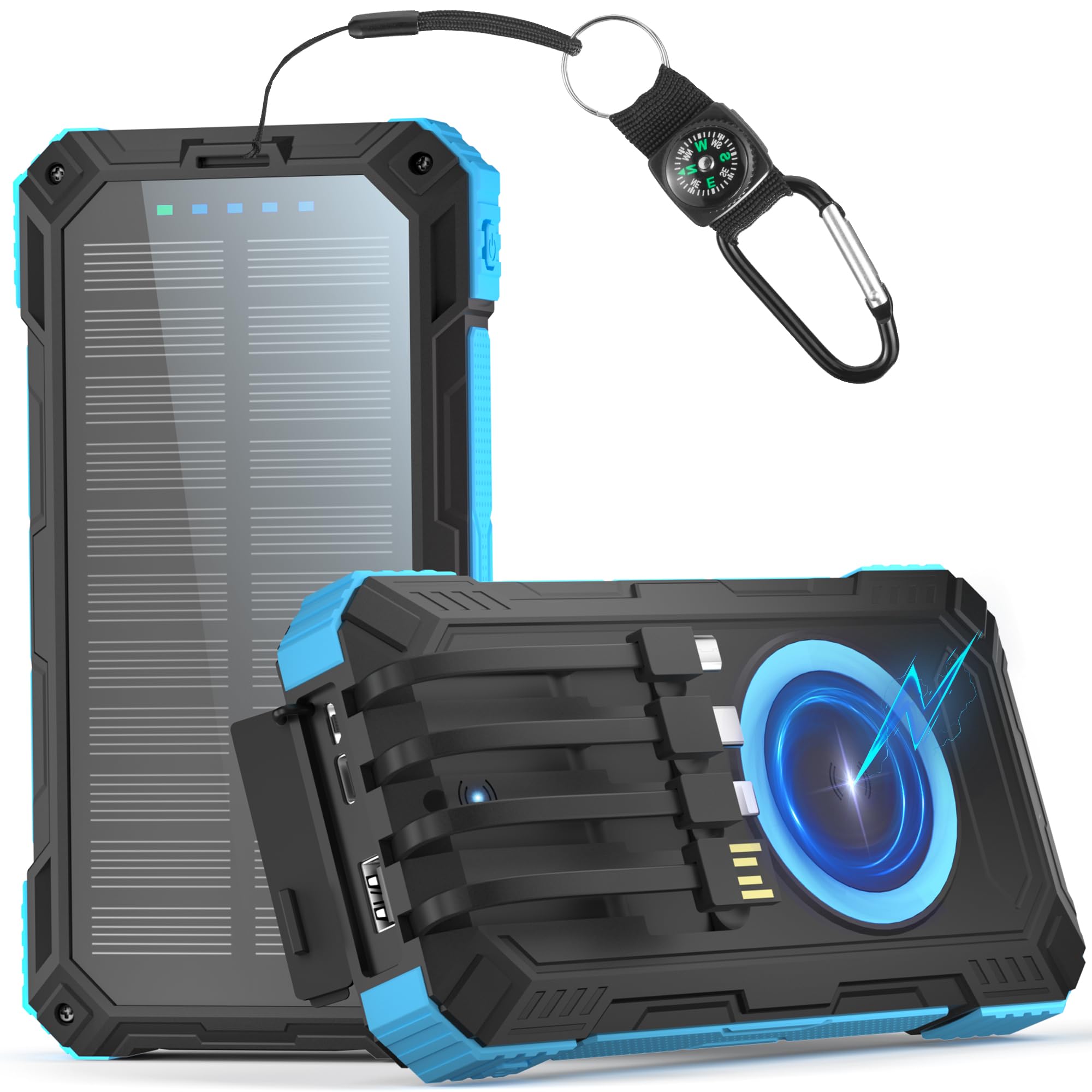 56800mAh Power Bank Solare Wireless, 30W Power Bank Ricarica Rapida, Caricatore Portatile con 4 Cavi Integrati, 6 Uscite, Torcia, Powerbank per Campeggio, Outdoor, Cellulare, Tablet (Blu)