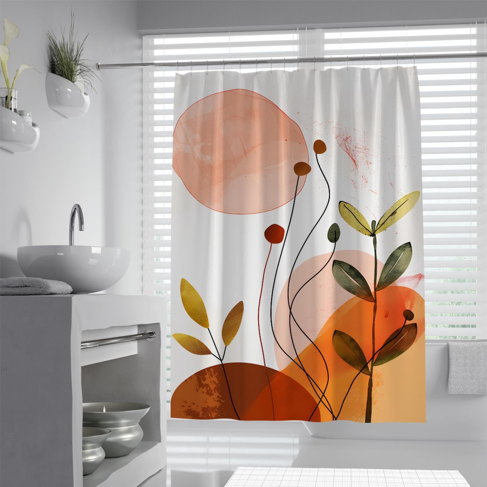 Minimalisme Abstrait Rideau de Douche Feuilles Rideaux de Baignoire colorés Ensemble avec Crochets en Forme de C pour Salle de Bain Cabine de Douche étanche 200 x 240 cm