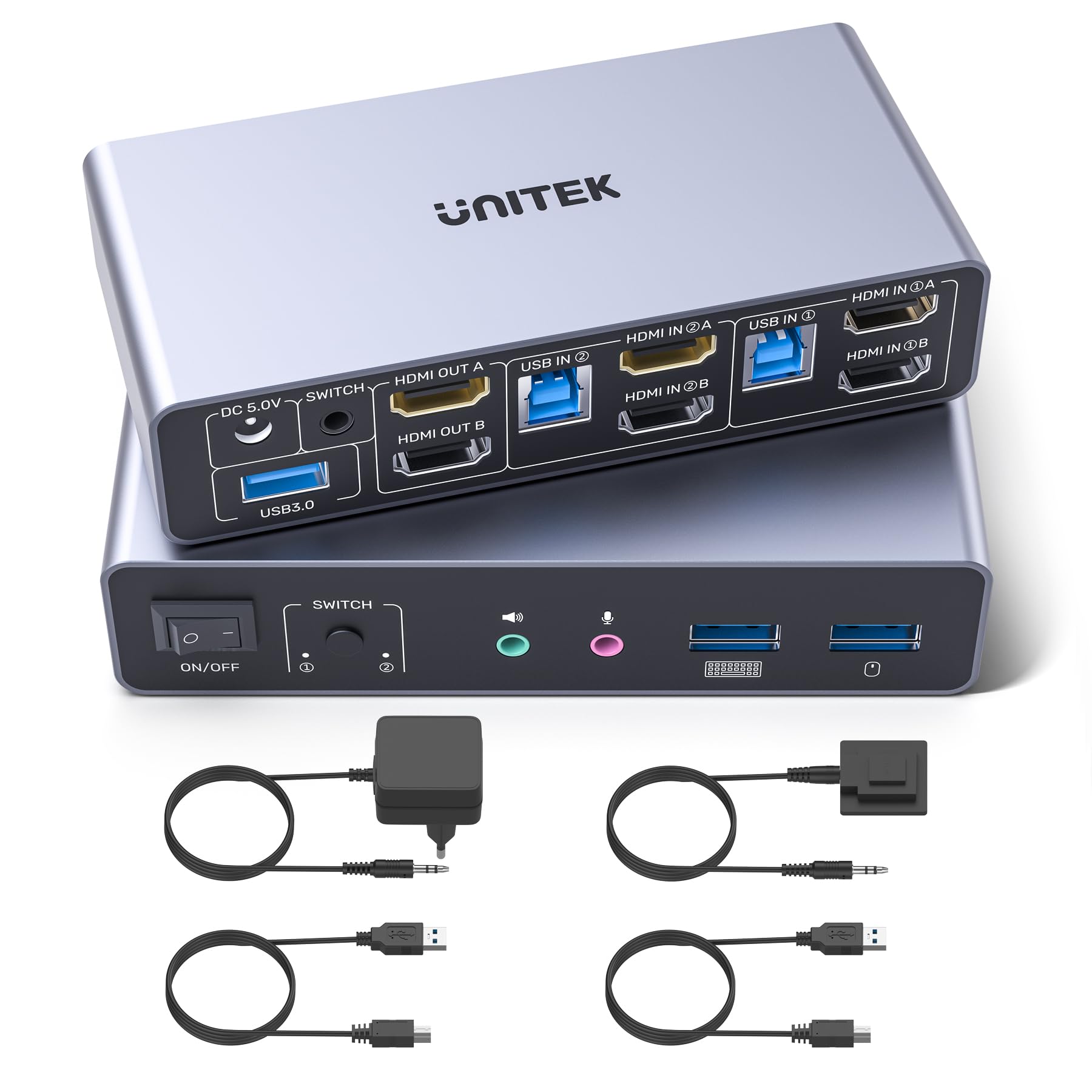 Unitek USB 3.0 HDMI KVM Switch 1 Monitor 2 - Computer 4K @60Hz KVM-schakelaar 4 USB-poorten voor 2 computers Delen van Monitor Toetsenbord Muis Harde Schijven HDCP Adaptief 2 Kabel DC5V-adapter