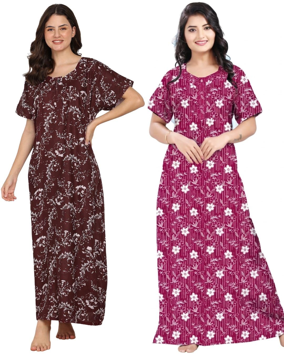 myrelook Women Cotton Nighty Combo Pack of 2, Printed Maxi Night Gown, Short Sleeve Nightdress, Soft Breathable Ankle Length Sleepwear for Ladies, Free Size-picture-52