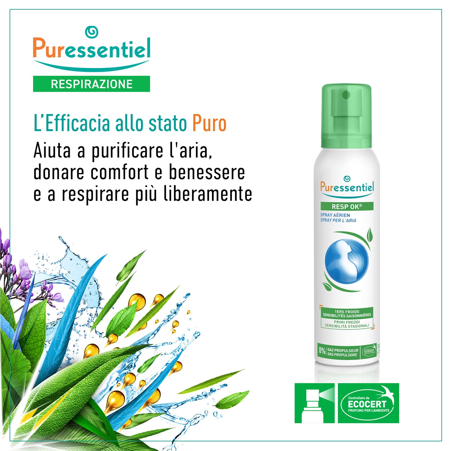 Puressentiel – Respirazione Spray per l’Aria – Per respirare più liberamente – Purifica l’aria – Primi freddi e sensibilità stagionali - 19 Oli essenziali puri – Con Eucalipto e Tea Tee – 200 ml