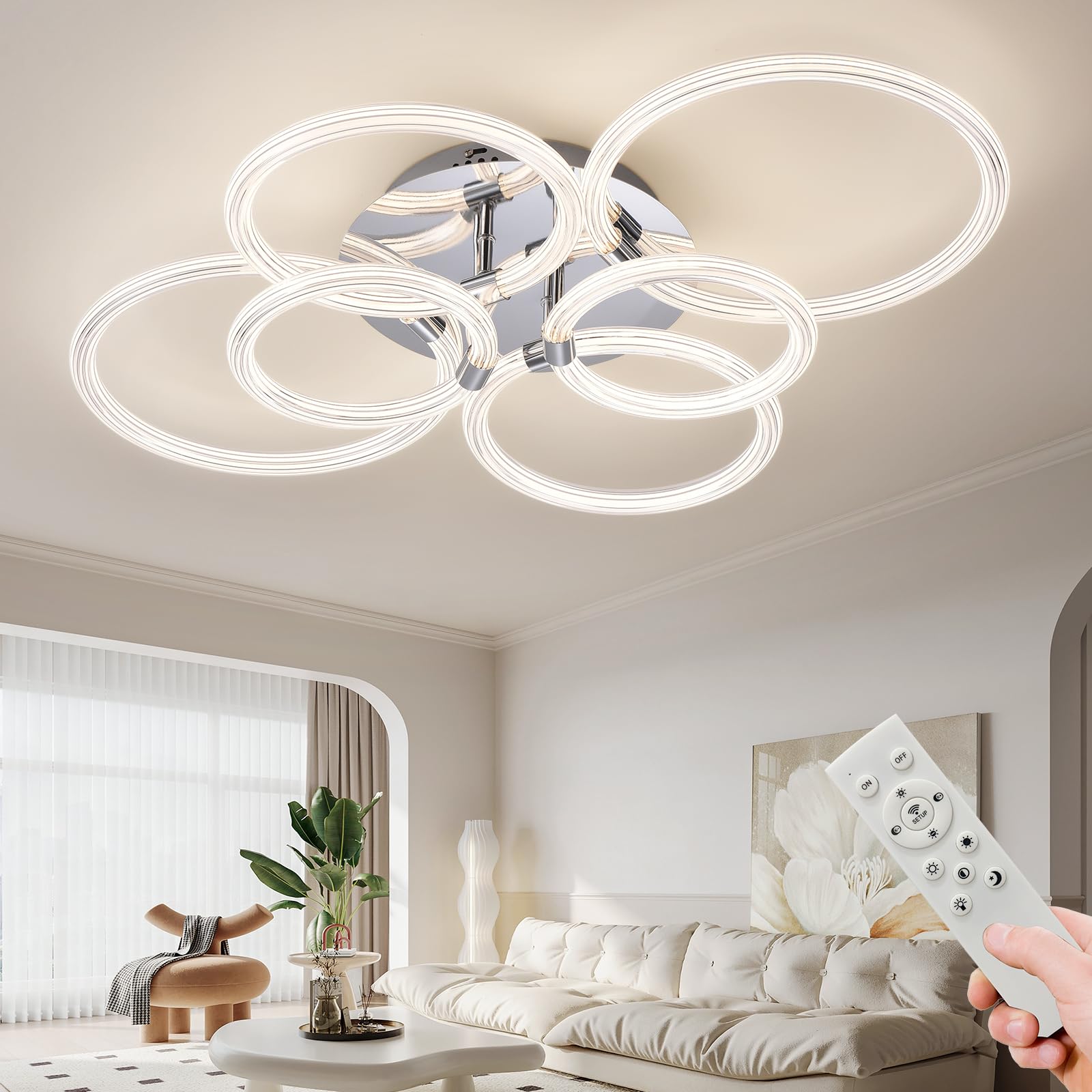 YZQZQY Modern LED Ceiling Light, Flush Mount Ceiling Light with Dimmable Remote Control, 6Rings Acrylic Ceiling Light Fixture for Bedroom, Living Room, Kitchen, Office Lamps