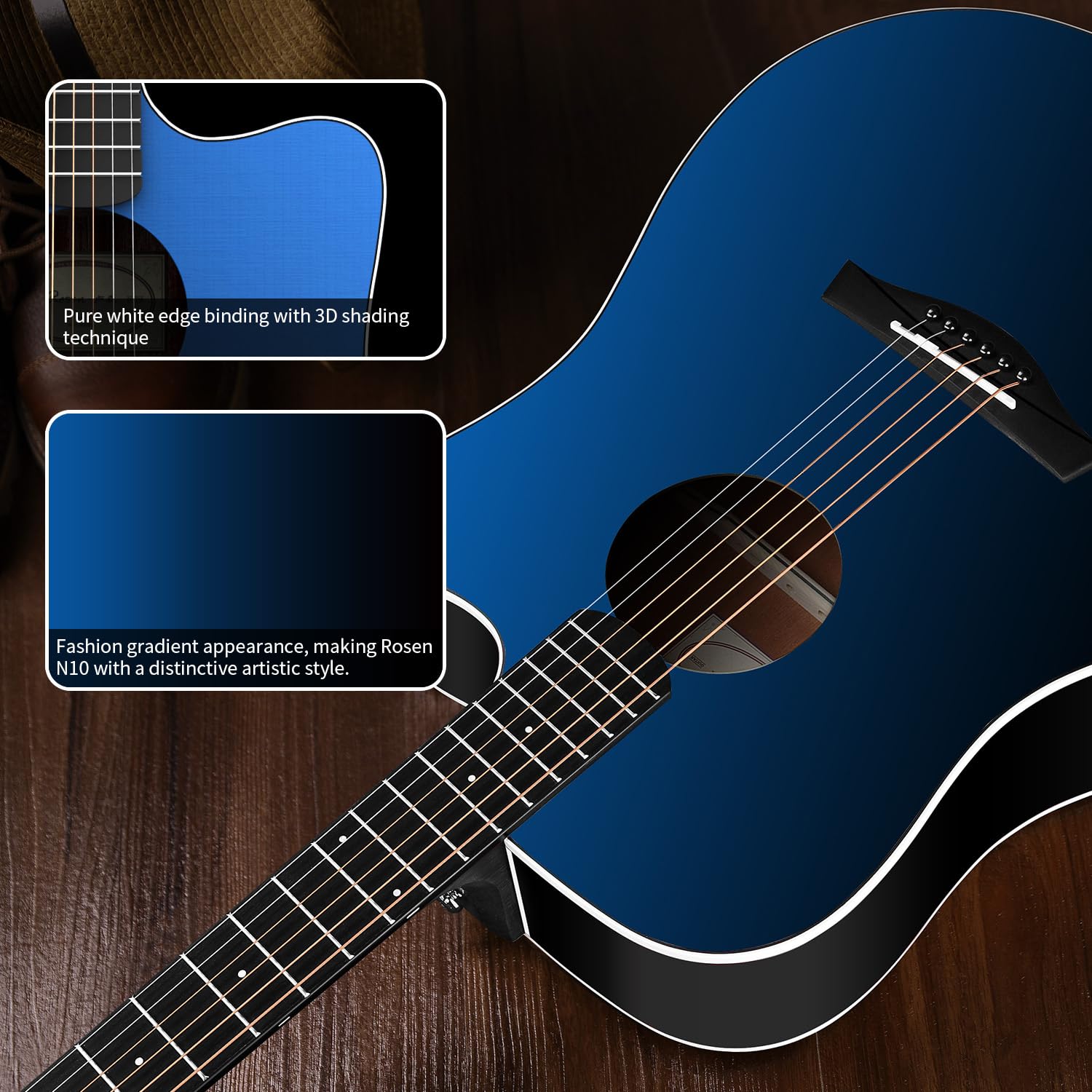Rosen N10 Akustikgitarre für Anfänger Erwachsene Full Size Dreadnought Solid Spruce Top Acustica Guitarra Bundle Kit mit Gig Bag Tuner Strap Strings Capo Picks Reinigungstuch, Blau