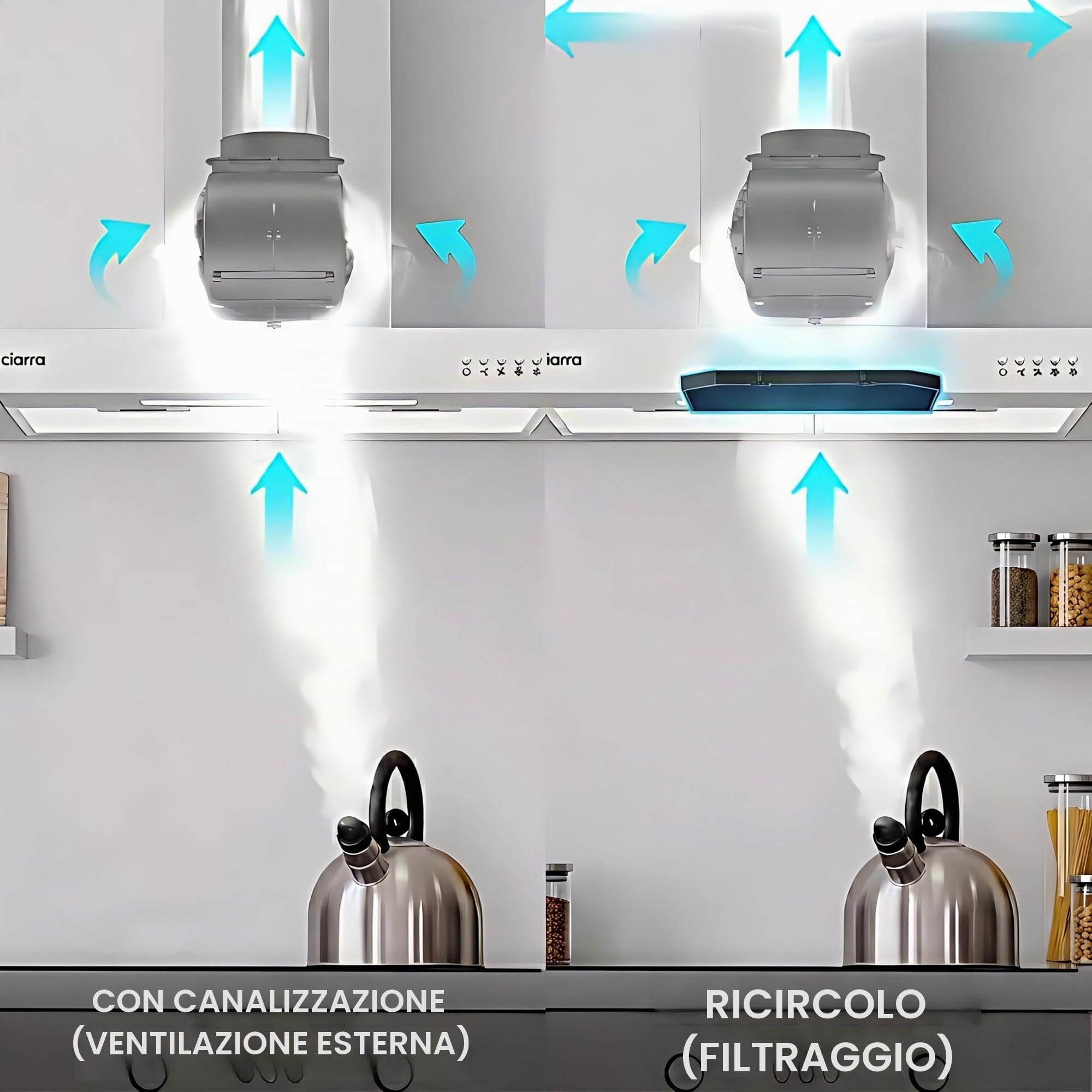 CIARRA CBCS6125 Classe A Cappa Aspirante 60 cm 370m³/h Cappa Camino a Ricircolo Luci LED 3 Velocità Aspiratore Cucina Acciaio Inox con Filtri Carbone CBCF004