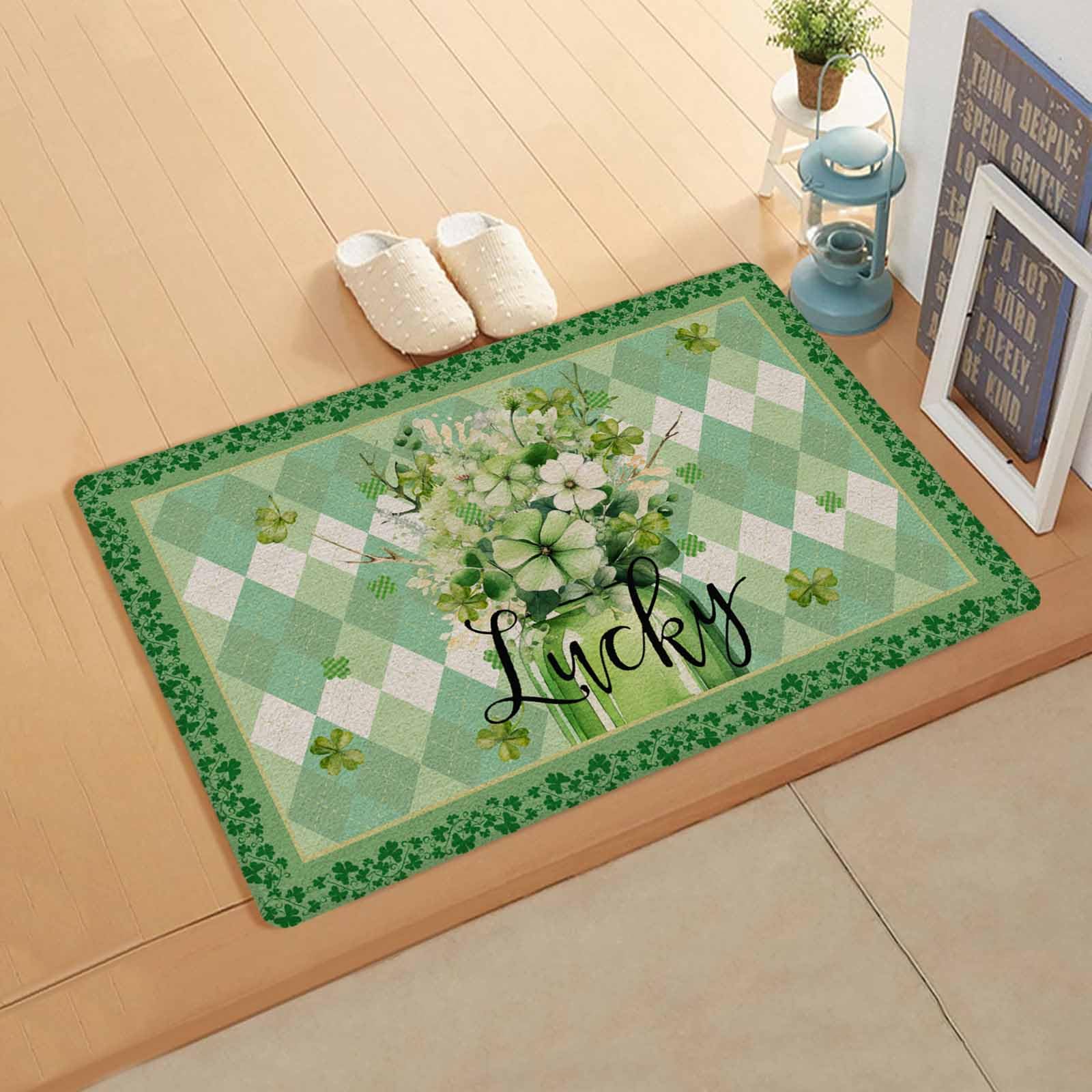 Green Lattice Kitchen Bath Door Mat Cushioned Runner Rug,Washable Welcome Floor Sink Antifatigue Mat,Waterproof & Non-Slip Comfort Standing Doormat,St. Patrick's Day Spring Vase Floral Leaves 18