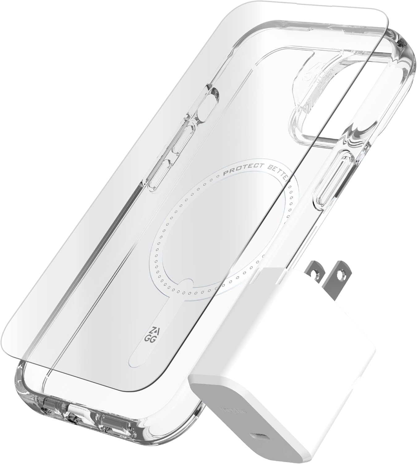 Individual components of the ZAGG & mophie kit: screen protector, clear phone case, and white 30W charger