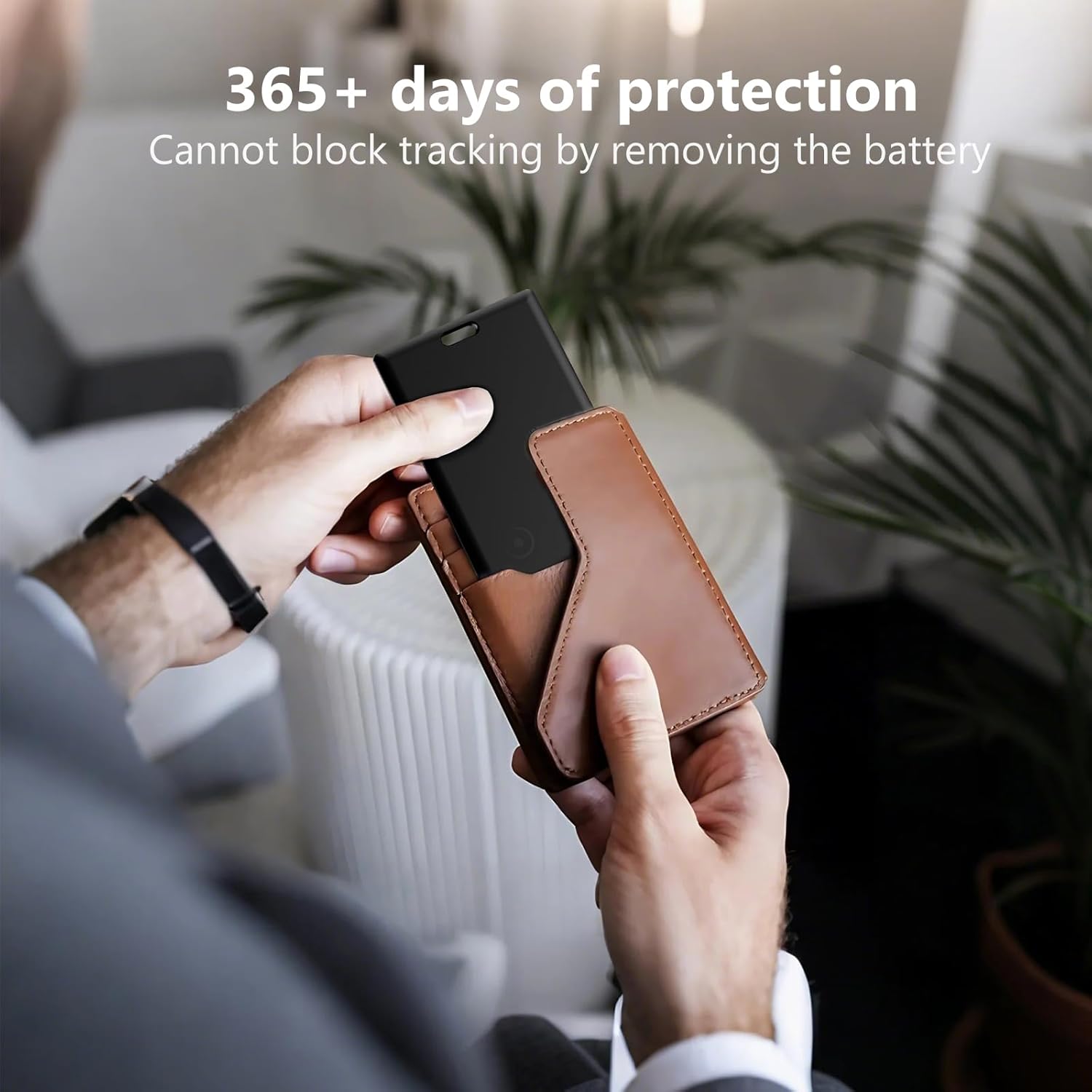 Hands inserting Smart Tracker Card into a wallet