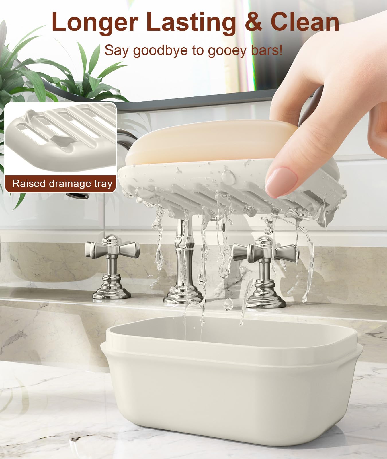 Quatish Leakproof Soap Dish with Lid & Draining Layer, Shatterproof Travel Bar Soap Holder Case Container, Portable Travel Size Toiletries Essentials for Camping, Gym, Bathroom, Beige