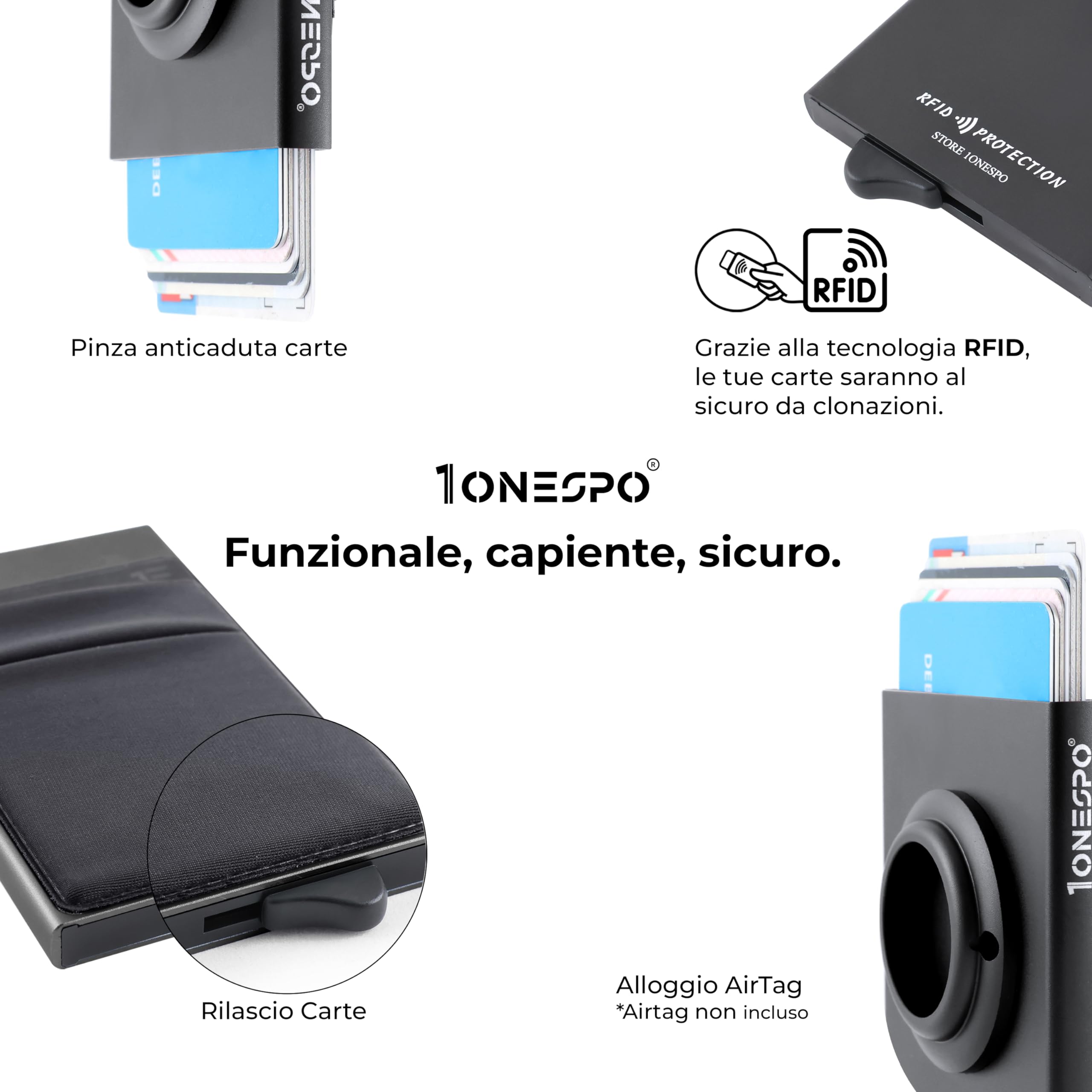 1onespo ULTRASLIM Porta carte di credito uomo - Portafoglio Airtag- Porta tessere e documenti - Portacarte protezione RFID, Nero