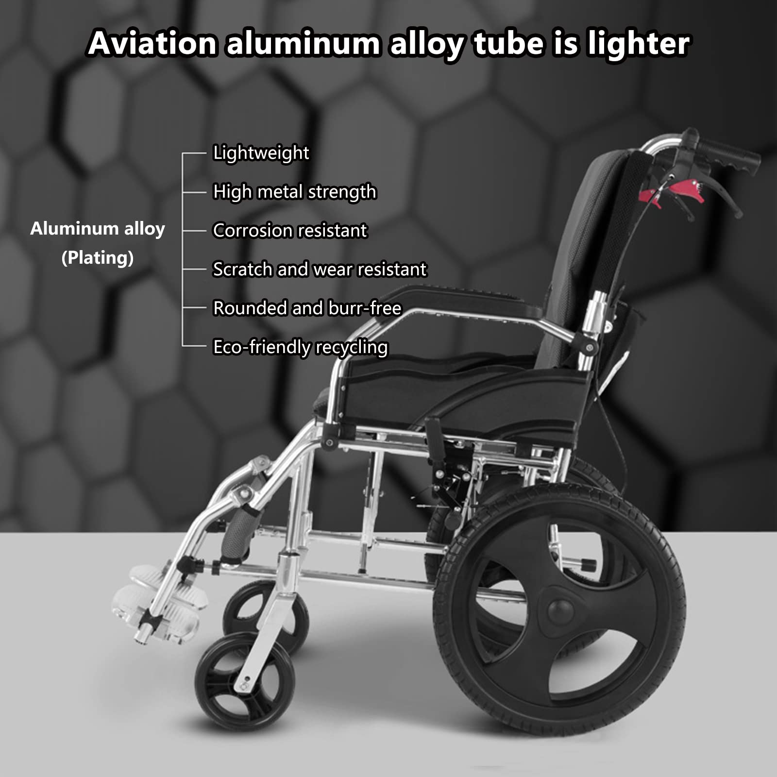 Silla de Ruedas móvil Plegable, Silla de Ruedas de Transporte, Silla de Ruedas de Aluminio, Ligera, portátil y Plegable con aleación de magnesio, reposabrazos completos,Black