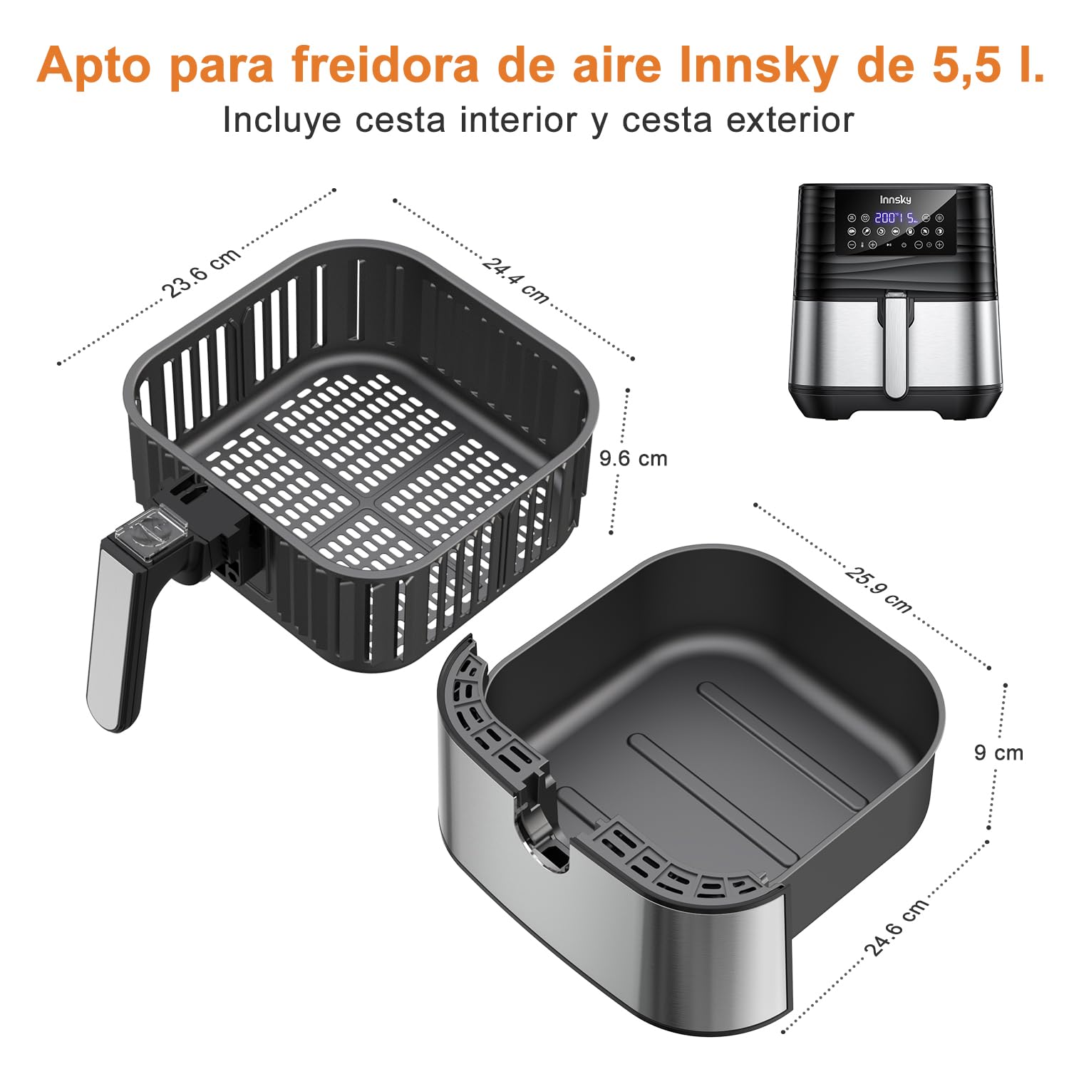 Cesta de Repuesto para Freidora de Aire Innsky de 5,5 l para Air Fryer Innsky, Cesta para Freír Antiadherente, Apta para Lavavajillas, IS-EE004,Solo compatible con la freidora de aire Innsky