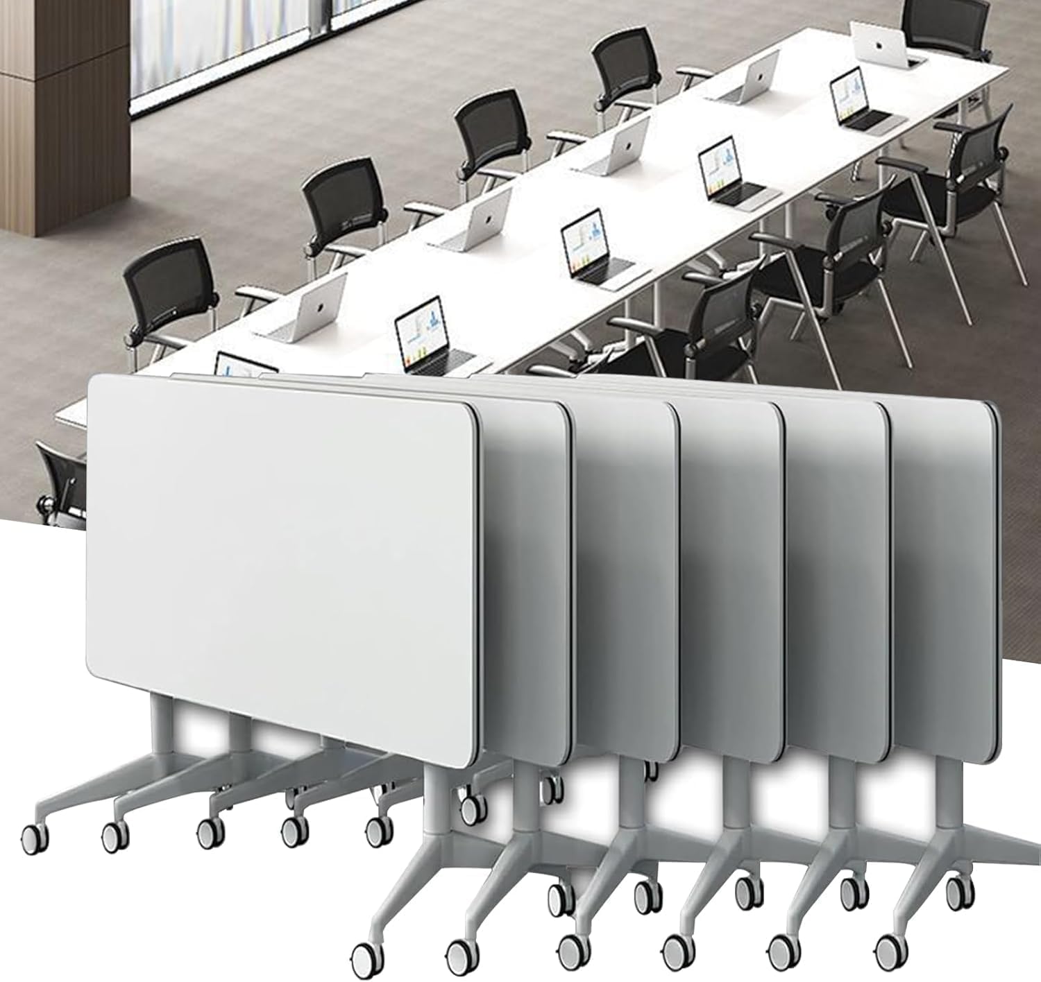 Conference Table for 6-12 Person,Folding Conference Table with Wheels,Large Rectangular Meeting Seminar Table,Flip Top Mobile Training Room Tables for