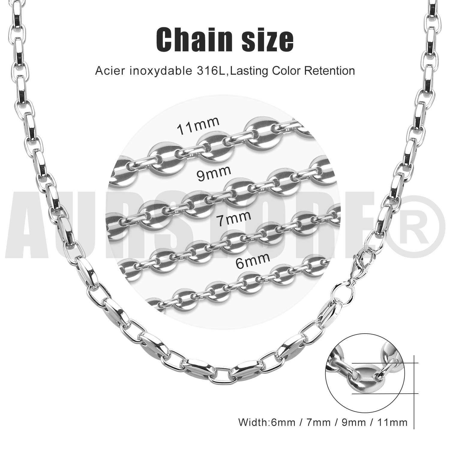 AURSTORE Parure Bracelet ET Chaine Homme Acier INOX Massif Grain DEà café Taille Couleurs AU Choix (6mm, Argenté)
