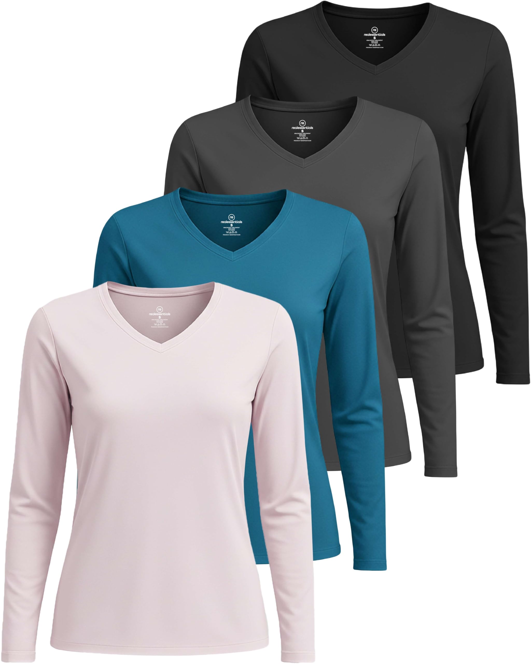 Real Essentials 4 Pack: Women's Long Sleeve Dry Fit V-Neck T-Shirt - Active Athletic Workout Gym Top (Plus Available)
