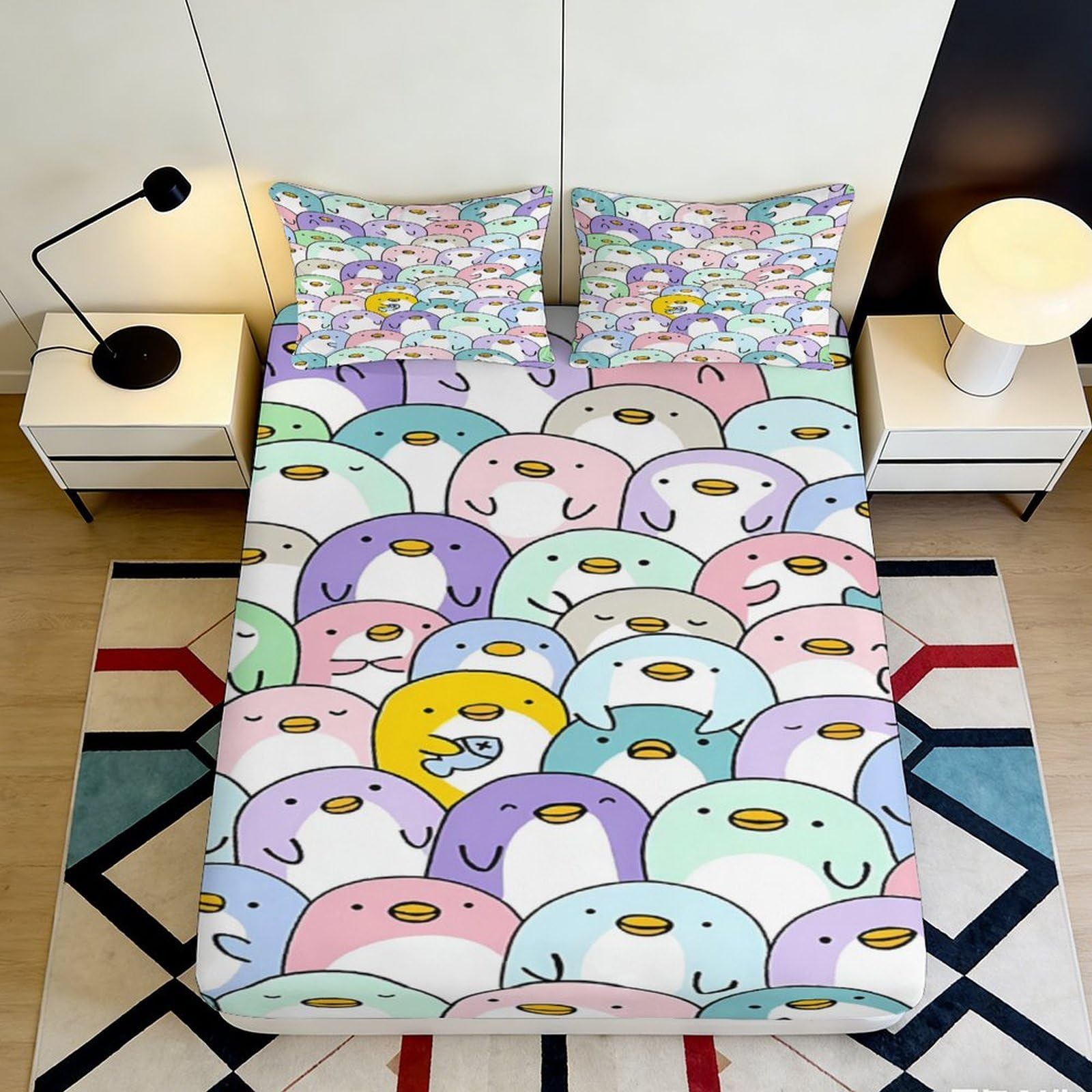 3D Printed Pastel Penguin Fitted Sheet Microfiber Soft Slip-Resistant Kawaii Cartoon Mattress Cover Bedroom Dorm Decor 160x200x25cm
