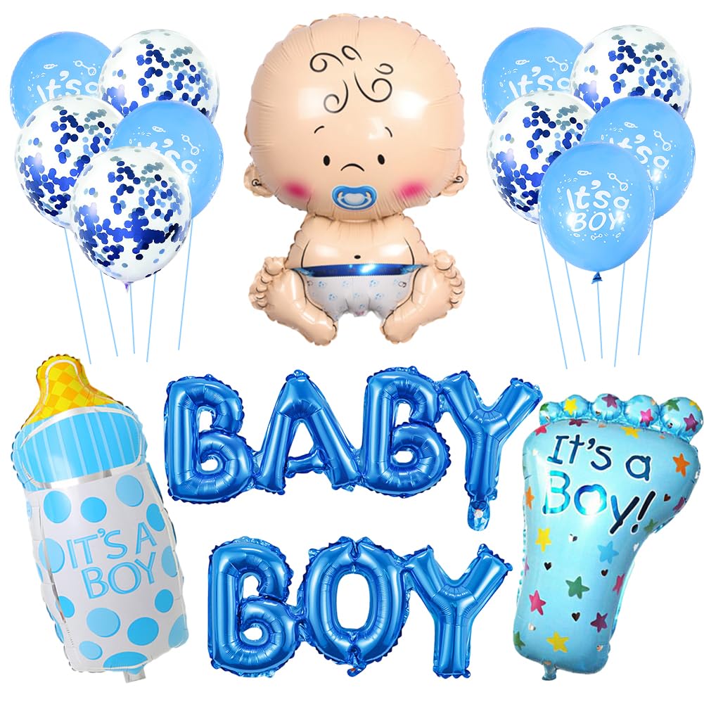 Baby Shower Decorations Balloons, 15pcs Boys Baby Balloon Bath Decorations, Shower Blue Balloon Set, Banner with Letters, Blue Baby Shower Aluminum foil Background