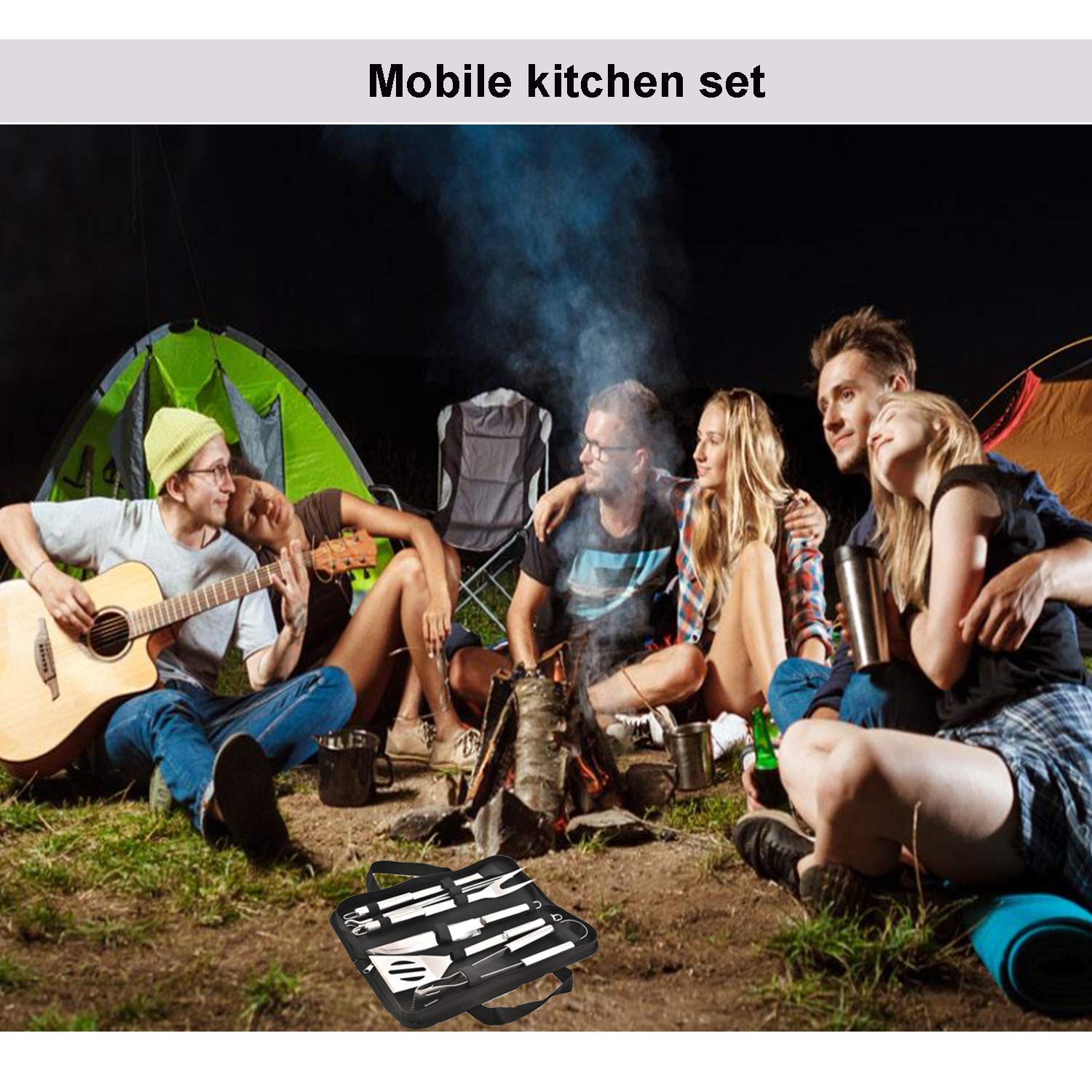 Outil de Barbecue en Acier Inoxydable Portable avec étui de Transport pour Camping