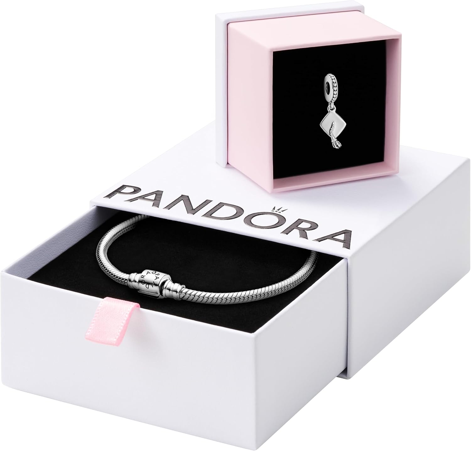 PANDORA Jewelry Bundle with Gift Box - Sterling Silver Graduation Charm & Moments Sterling Silver Snake Chain Charm Bracelet with Barrel Clasp, 8.3" - Gift for Women